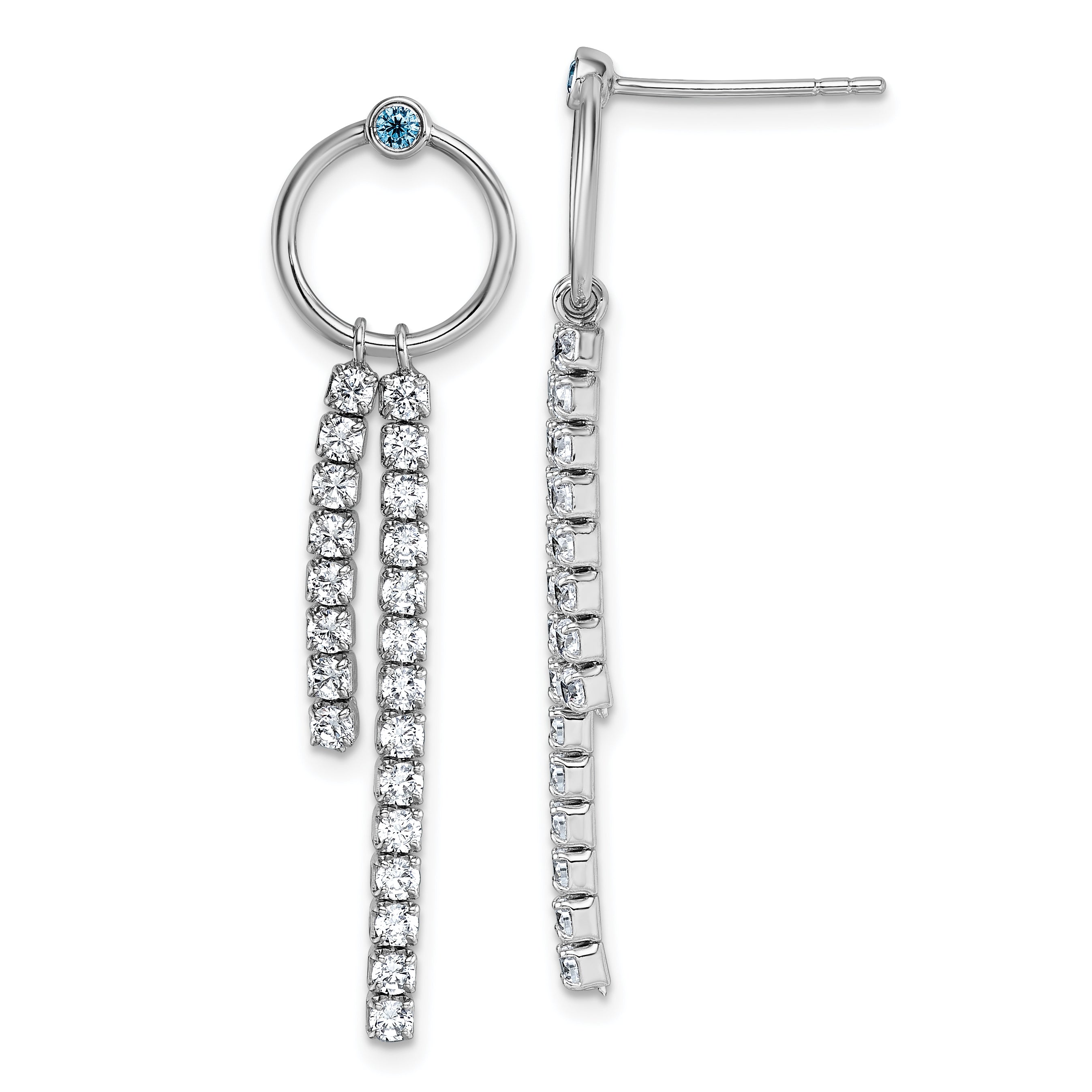 Sterling Silver Rhodium-plated Blue and White CZ Circle with 2 Drops Dangle Post Earrings Main image