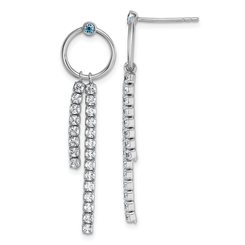 Sterling Silver Rhodium-plated Blue and White CZ Circle with 2 Drops Dangle Post Earrings