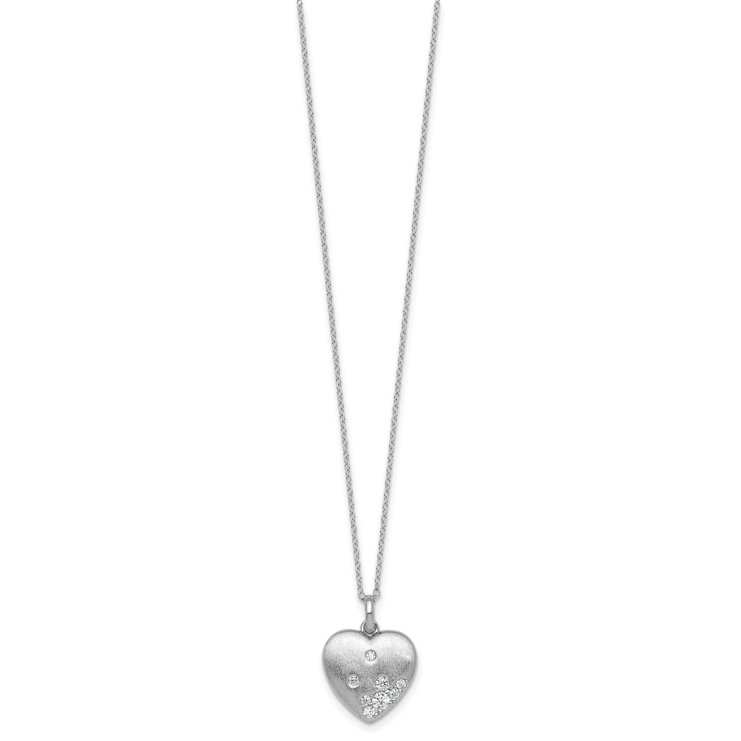 Sterling Silver Rhodium-plated Brushed CZ Heart 17.5 inch Necklace