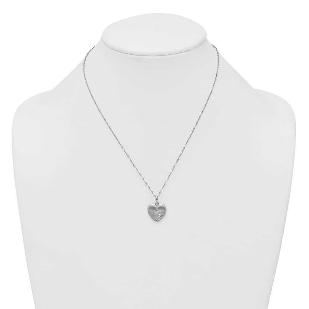 Sterling Silver Rhodium-plated Brushed CZ Heart 17.5 inch Necklace