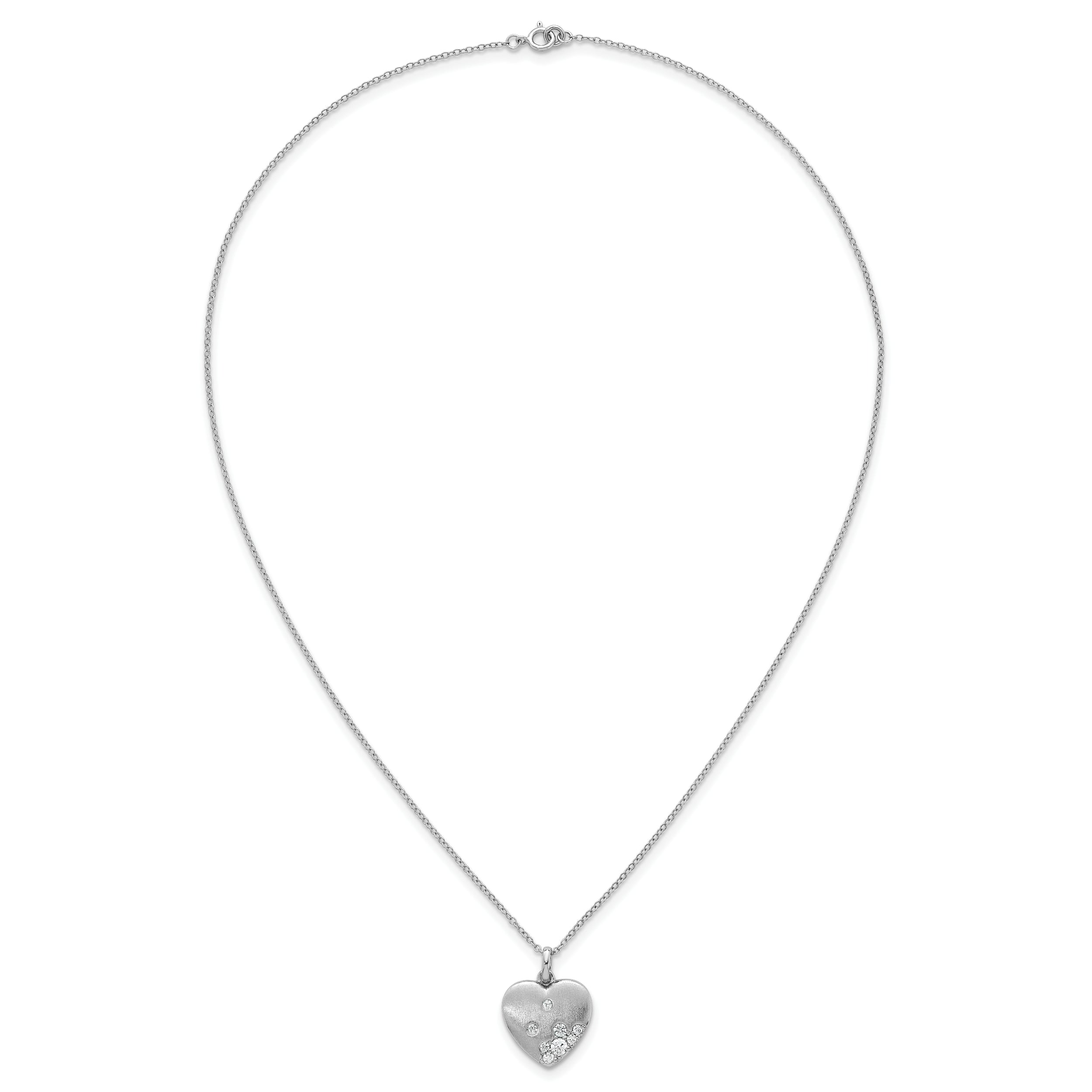 Sterling Silver Rhodium-plated Brushed CZ Heart 17.5 inch Necklace