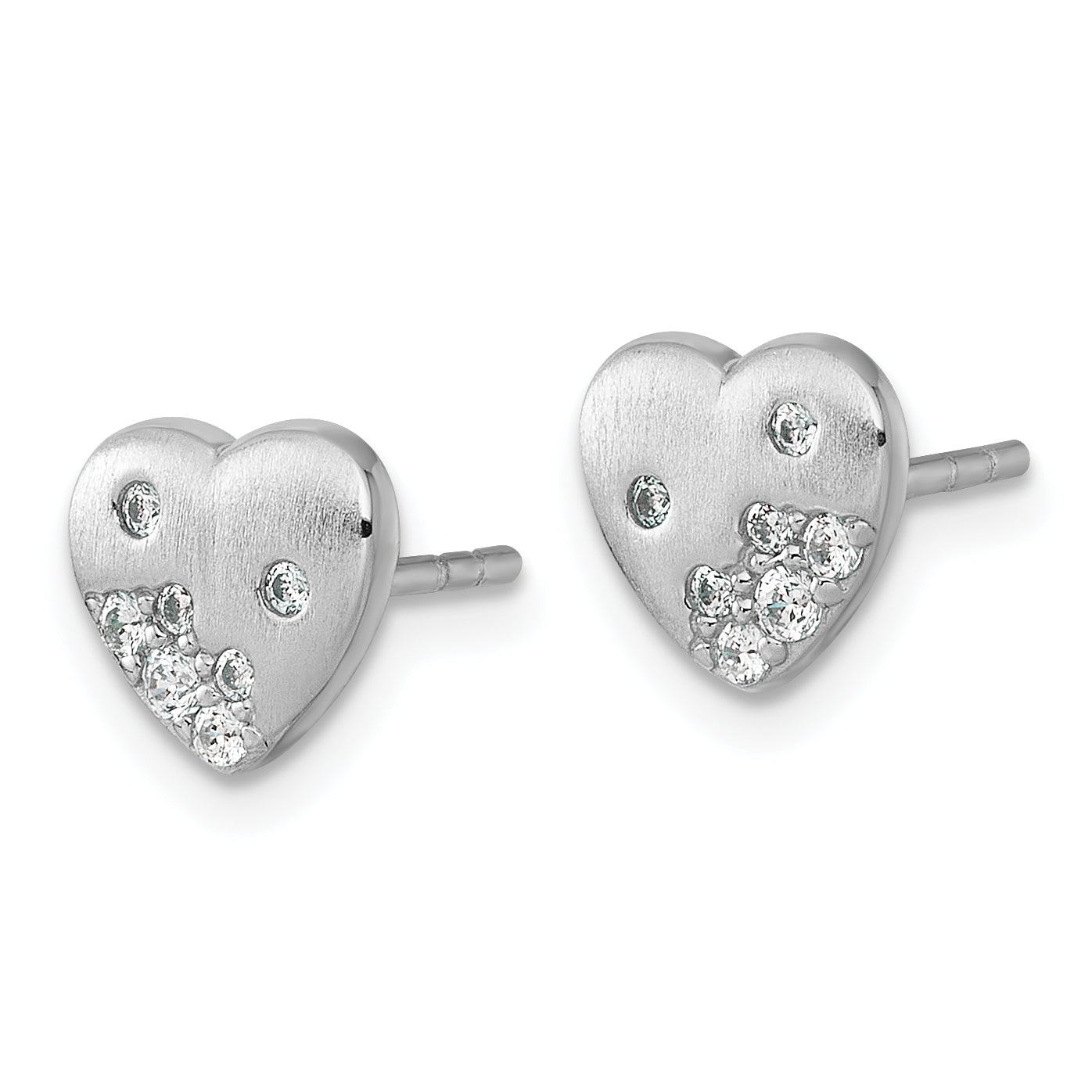 Sterling Silver Rhodium-plated Brushed CZ Heart Post Earrings