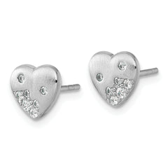 Sterling Silver Rhodium-plated Brushed CZ Heart Post Earrings