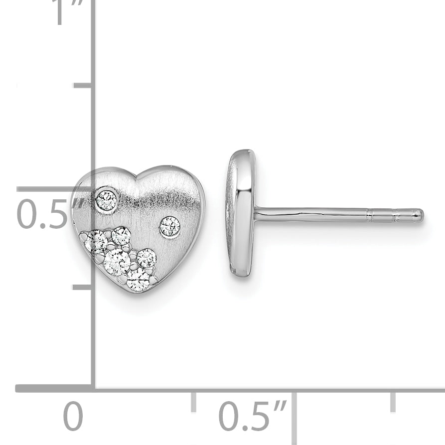 Sterling Silver Rhodium-plated Brushed CZ Heart Post Earrings