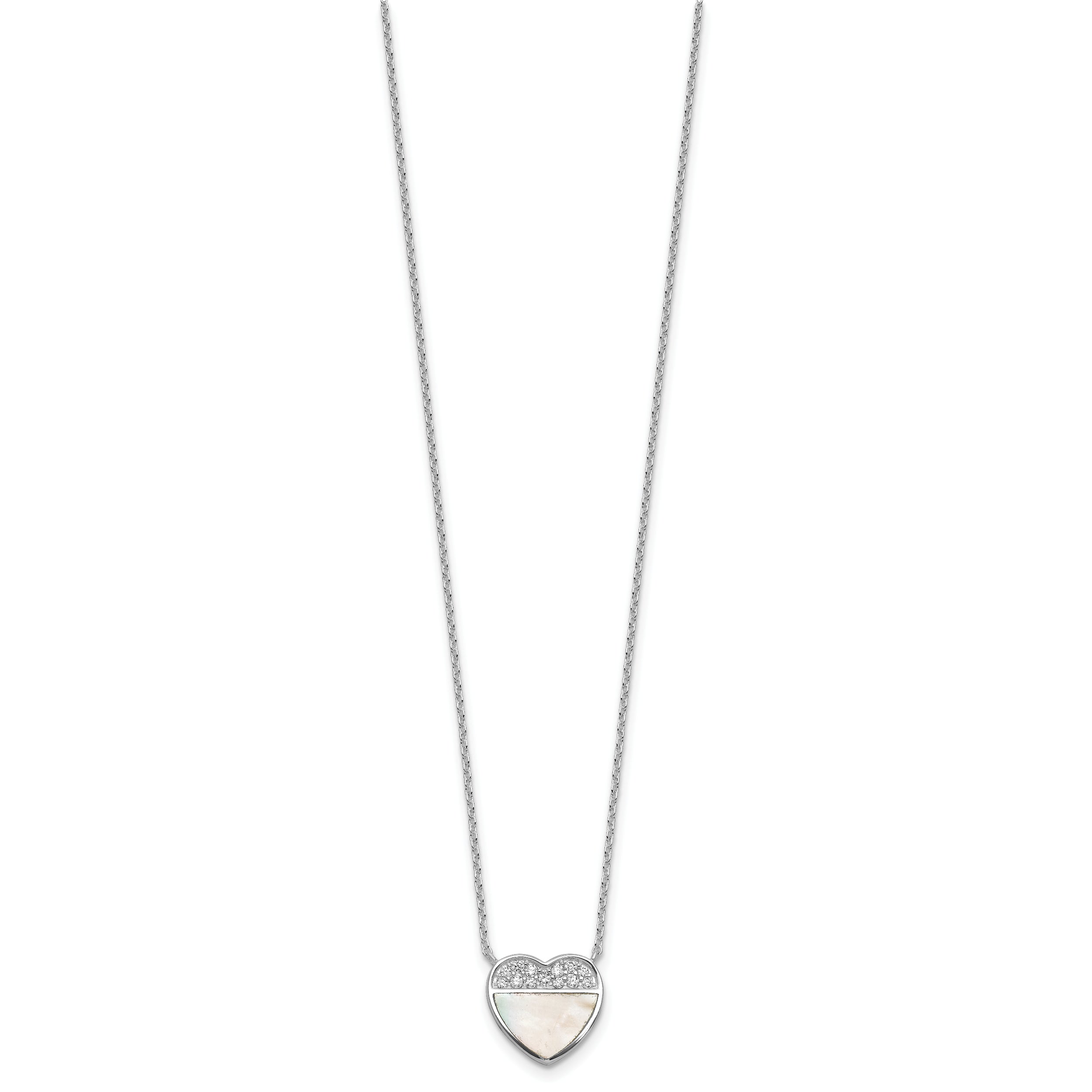 Sterling Silver Rhodium-plated Polished Mother of Pearl and CZ Heart 16 inch with 2 inch Extender Necklace