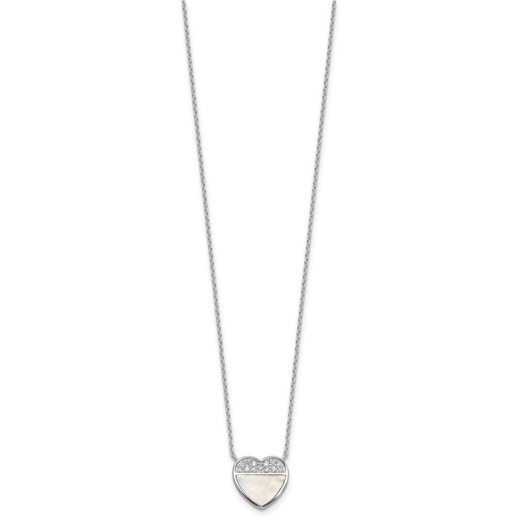 Sterling Silver Rhodium-plated Polished Mother of Pearl and CZ Heart 16 inch with 2 inch Extender Necklace