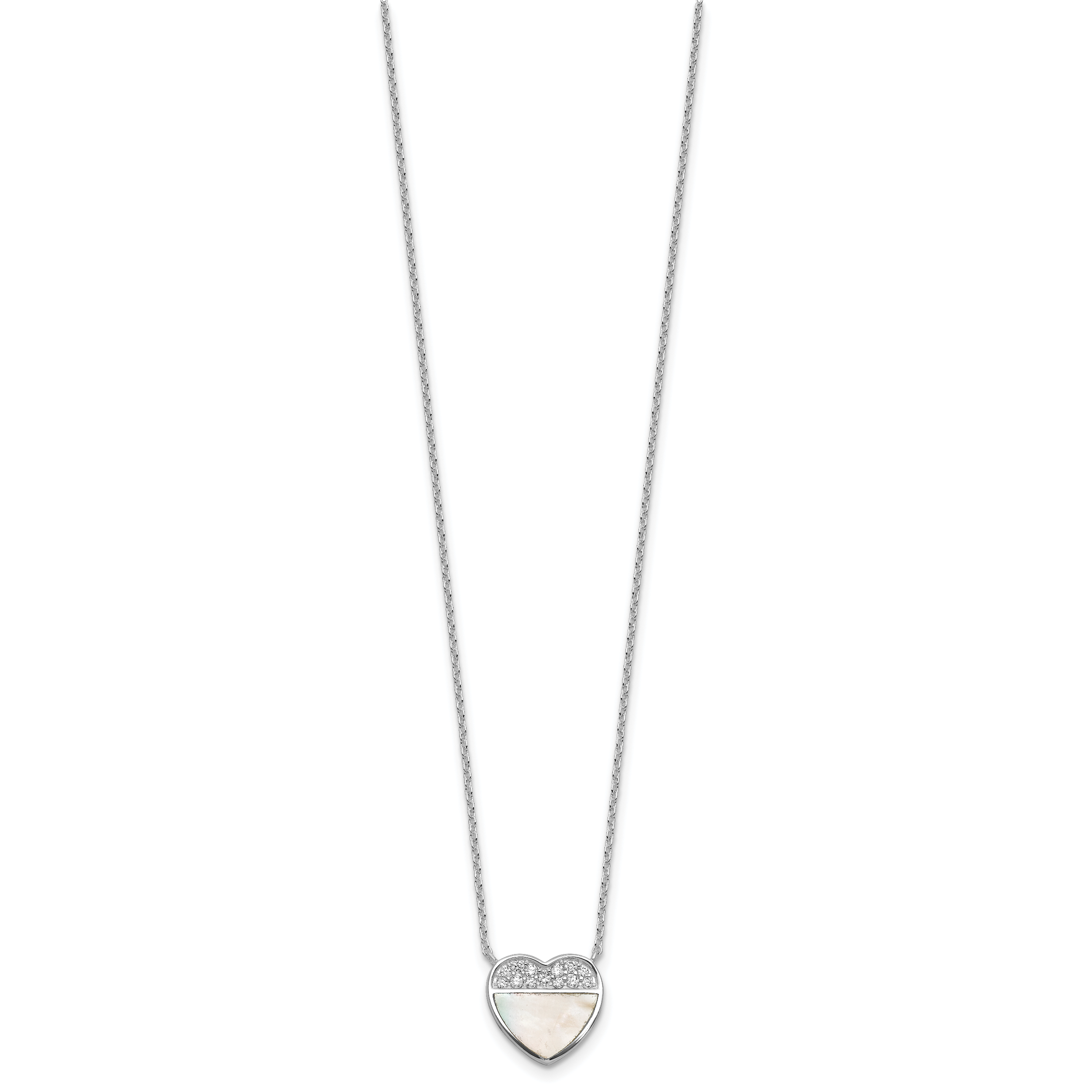 Sterling Silver Rhodium-plated Polished Mother of Pearl and CZ Heart 16 inch with 2 inch Extender Necklace