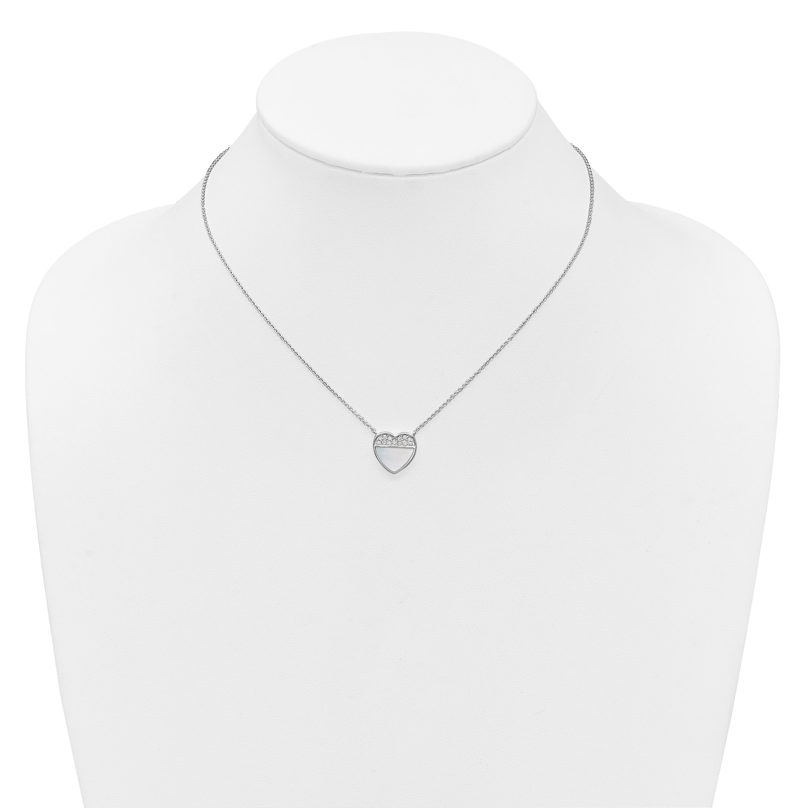 Sterling Silver Rhodium-plated Polished Mother of Pearl and CZ Heart 16 inch with 2 inch Extender Necklace