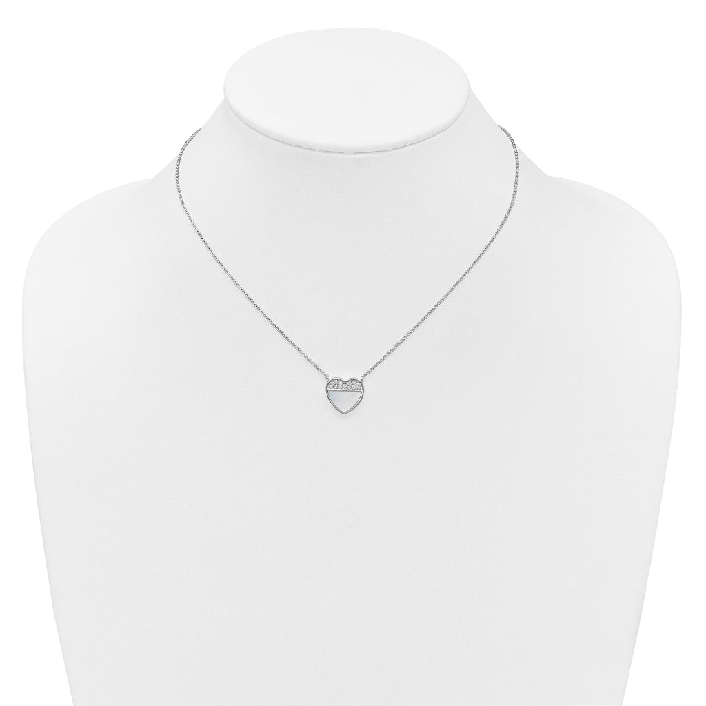 Sterling Silver Rhodium-plated Polished Mother of Pearl and CZ Heart 16 inch with 2 inch Extender Necklace