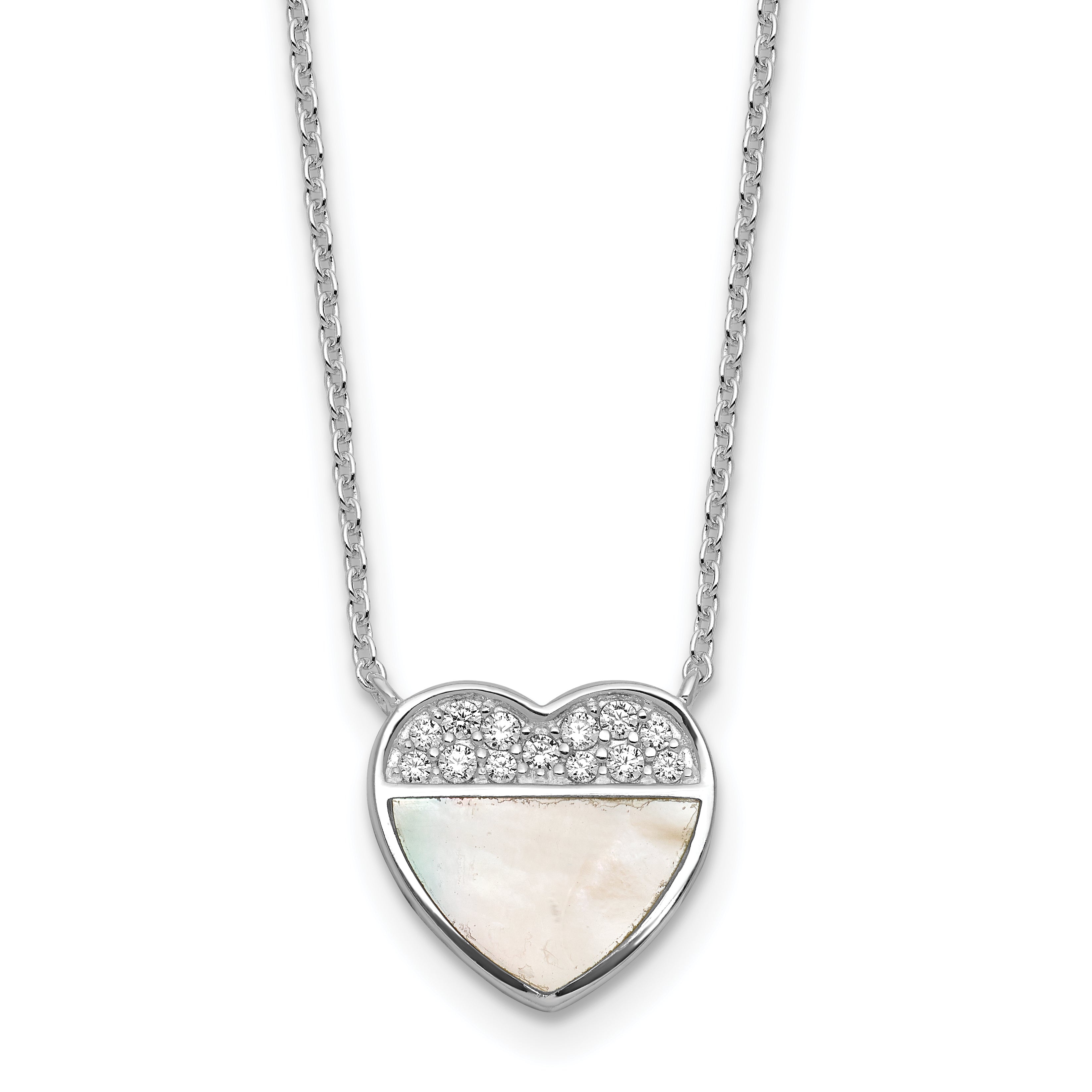 Sterling Silver Rhodium-plated Polished Mother of Pearl and CZ Heart 16 inch with 2 inch Extender Necklace