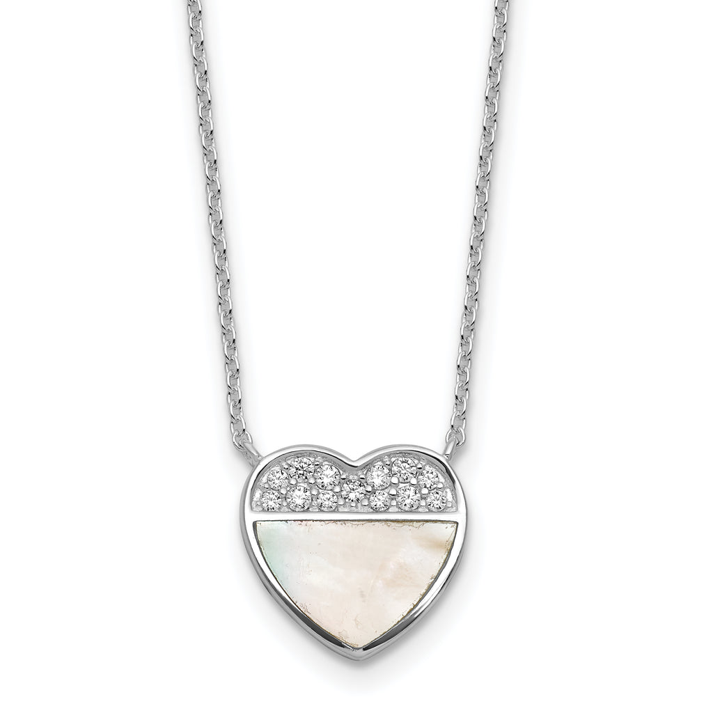 Sterling Silver Rhodium-plated Polished Mother of Pearl and CZ Heart 16 inch with 2 inch Extender Necklace