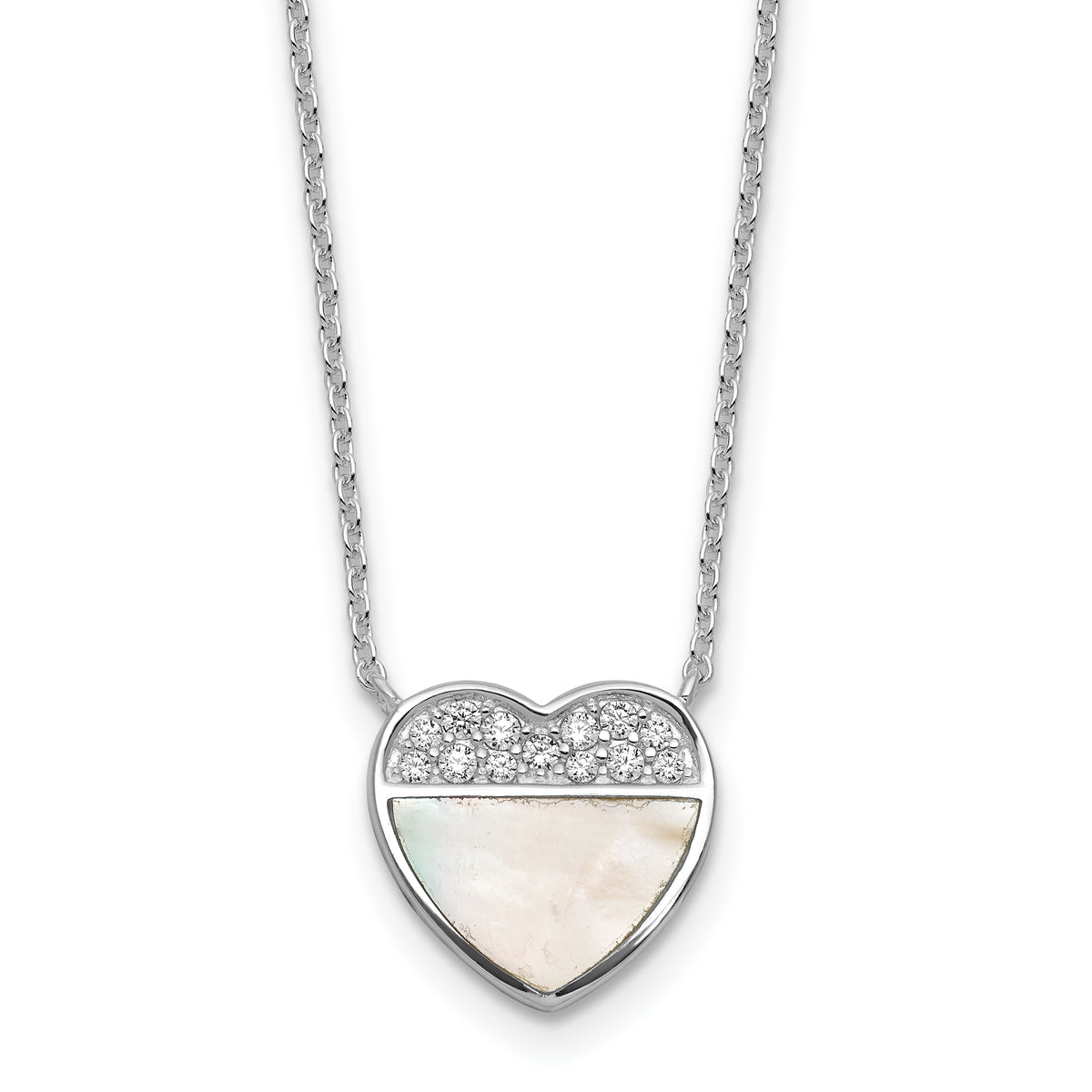 Sterling Silver Rhodium-plated Polished Mother of Pearl and CZ Heart 16 inch with 2 inch Extender Necklace