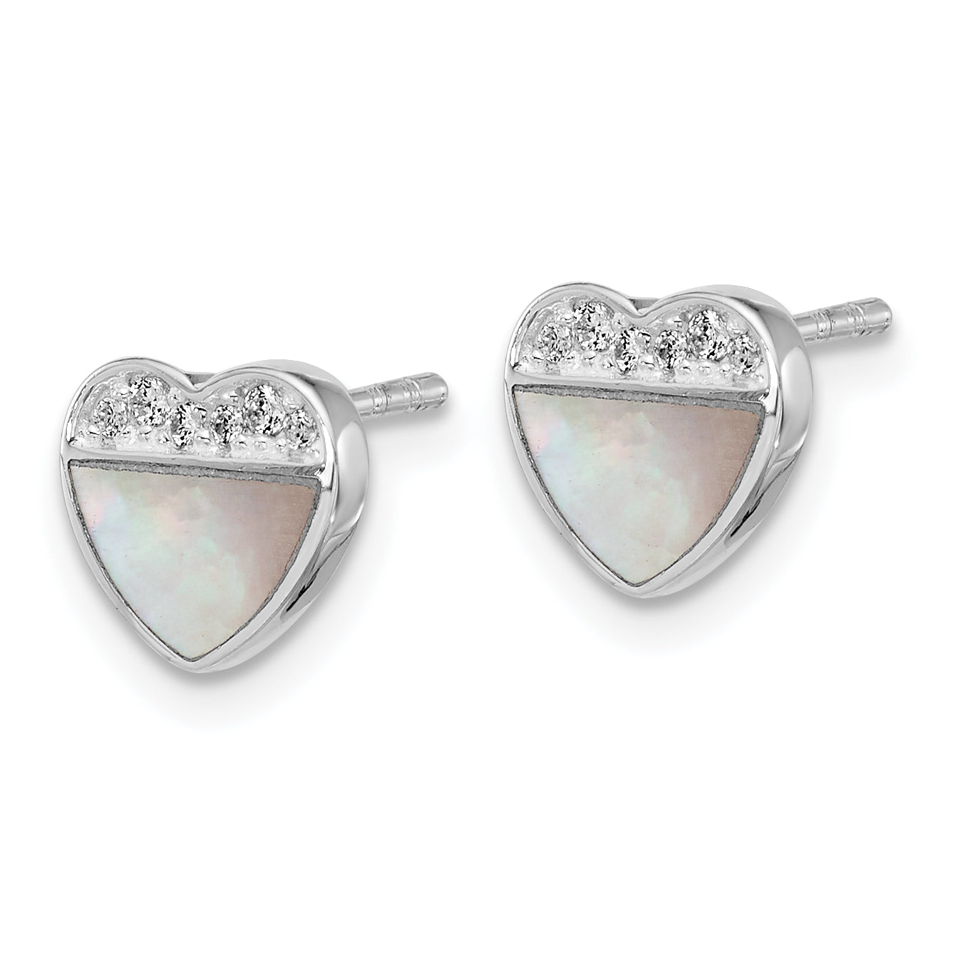 Sterling Silver Rhodium-plated Polished Mother of Pearl and CZ Heart Post Earrings Secondary image