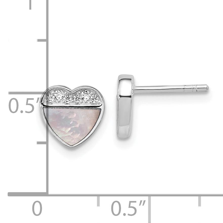 Sterling Silver Rhodium-plated Polished Mother of Pearl and CZ Heart Post Earrings