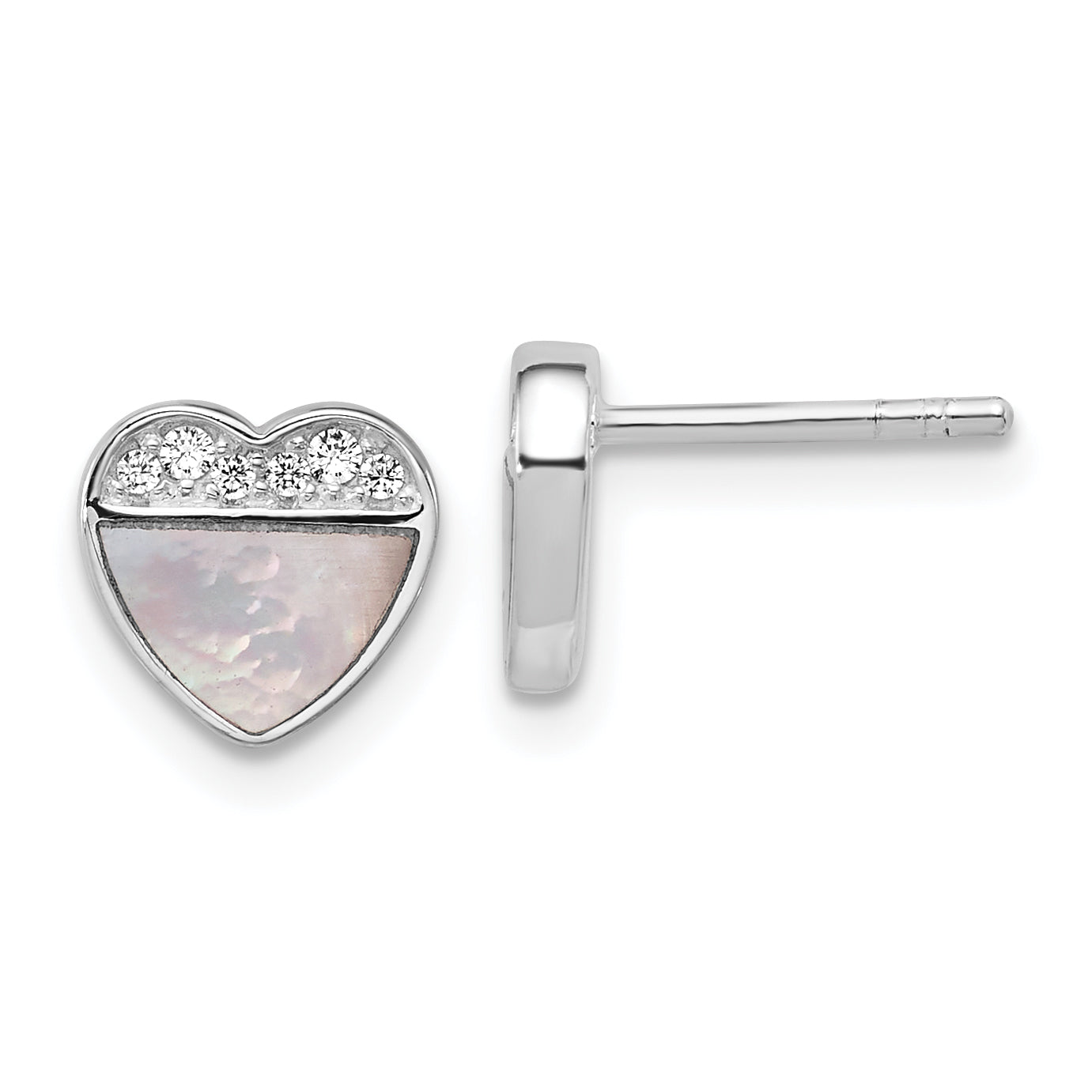 Sterling Silver Rhodium-plated Polished Mother of Pearl and CZ Heart Post Earrings Main image
