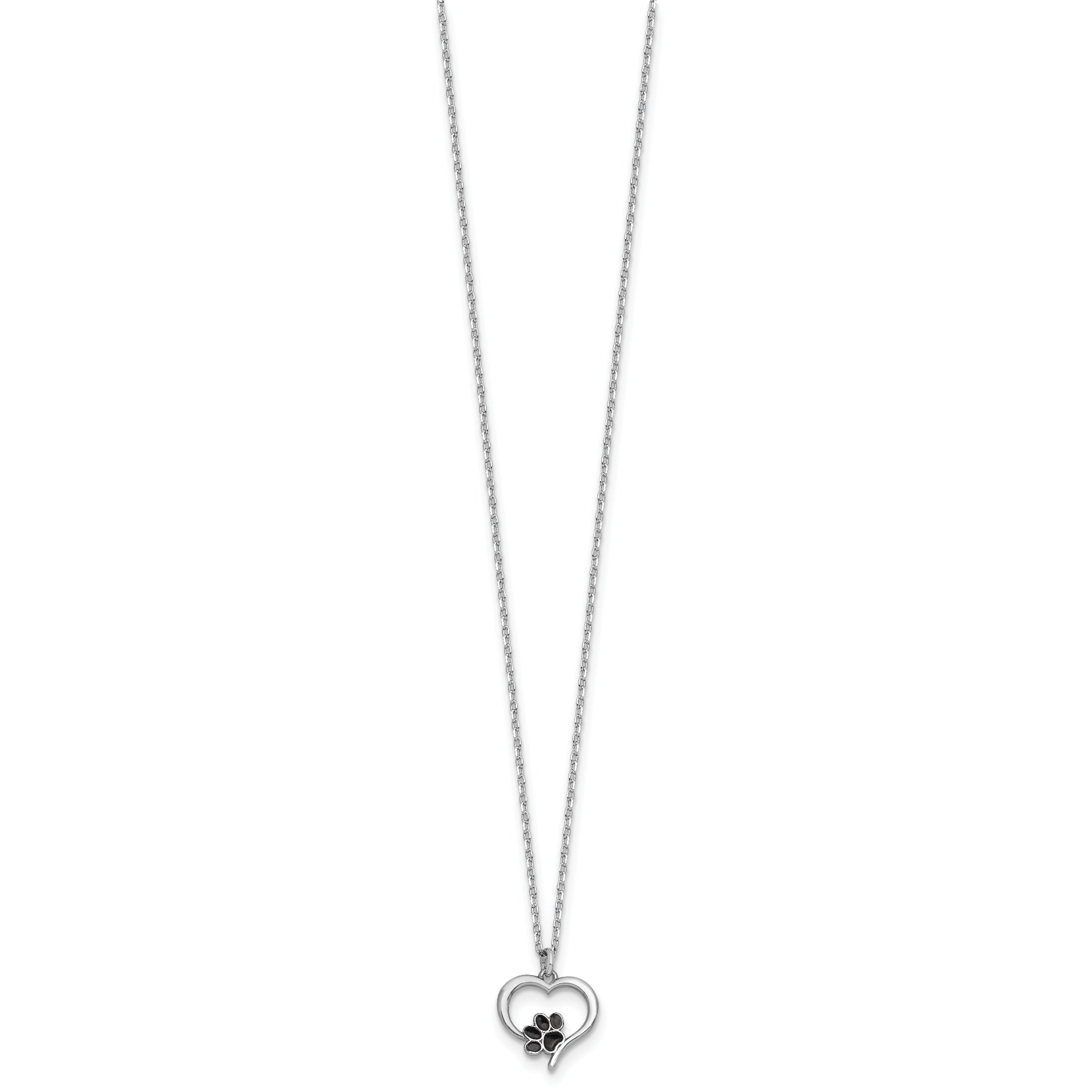 Sterling Silver Rhodium-plated Heart with Black Enameled Paw Print 16 inch with 1.5 inch Extension Necklace