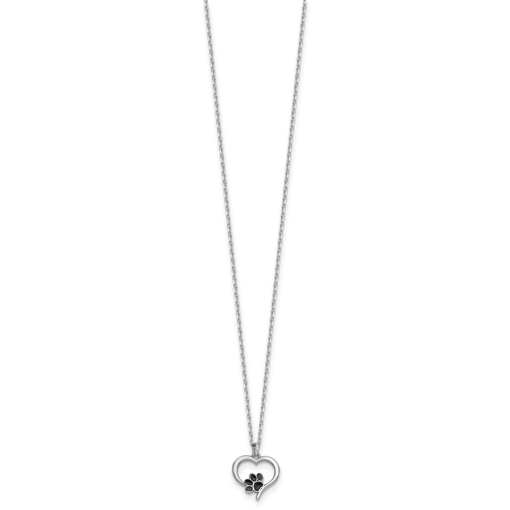 Sterling Silver Rhodium-plated Heart with Black Enameled Paw Print 16 inch with 1.5 inch Extension Necklace
