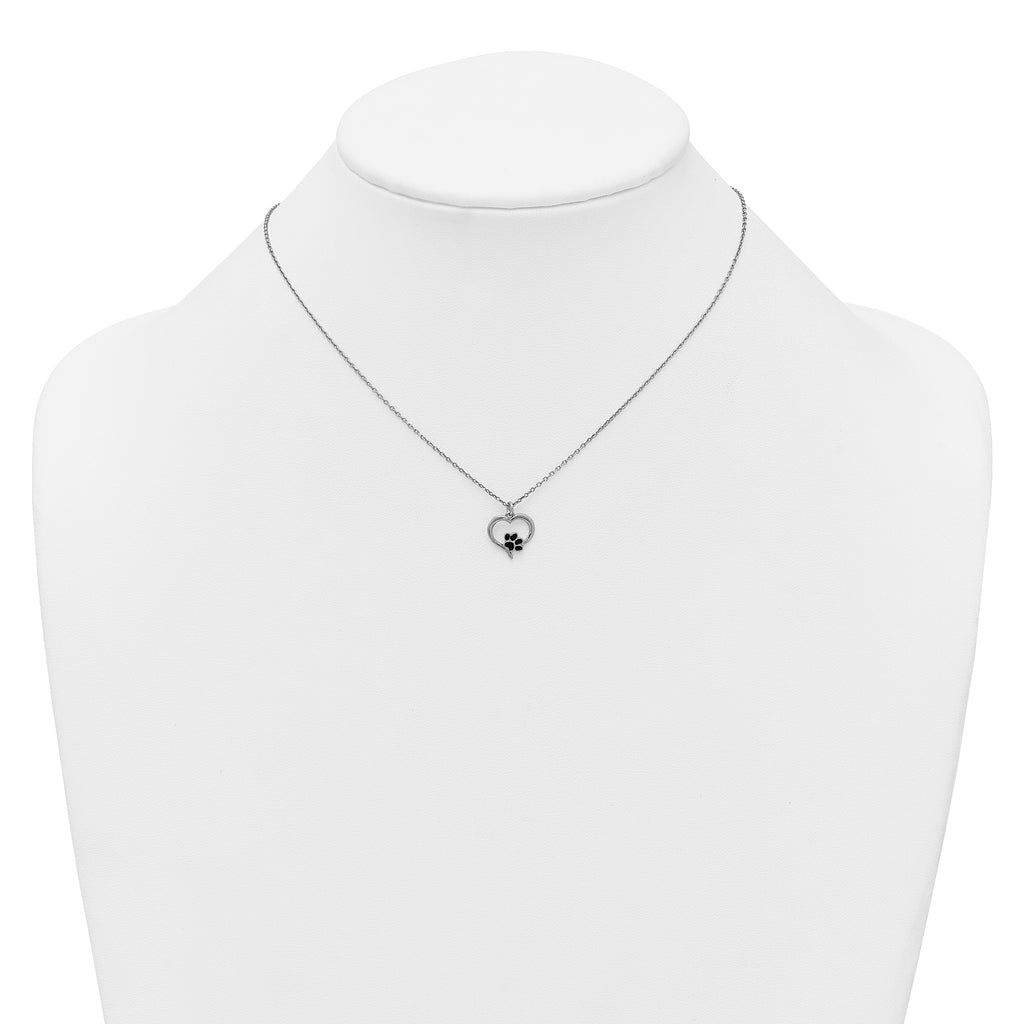 Sterling Silver Rhodium-plated Heart with Black Enameled Paw Print 16 inch with 1.5 inch Extension Necklace