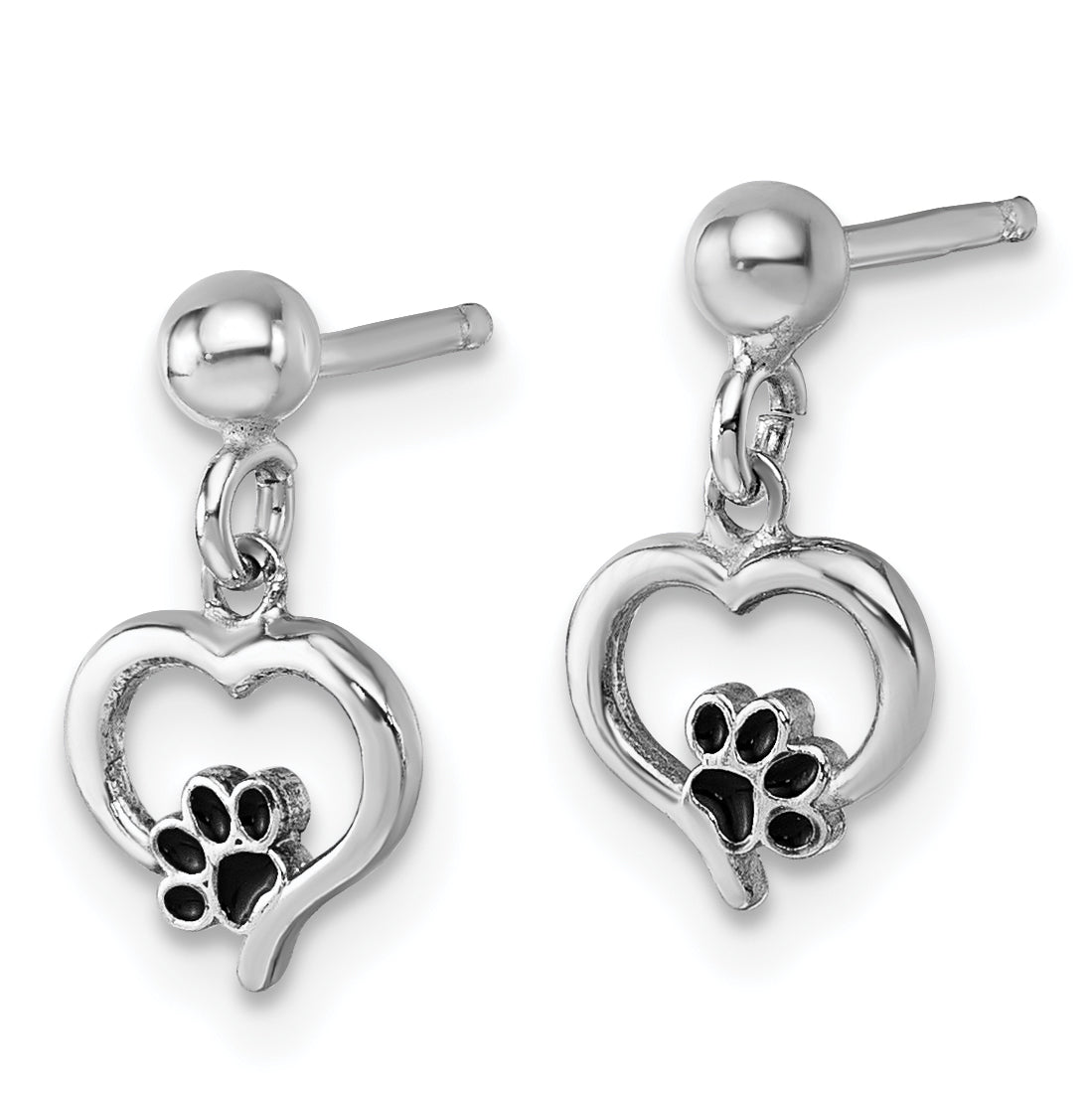 Sterling Silver Rhodium-plated Heart with Black Enameled Paw Print Post Dangle Earrings Secondary image
