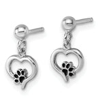 Sterling Silver Rhodium-plated Heart with Black Enameled Paw Print Post Dangle Earrings