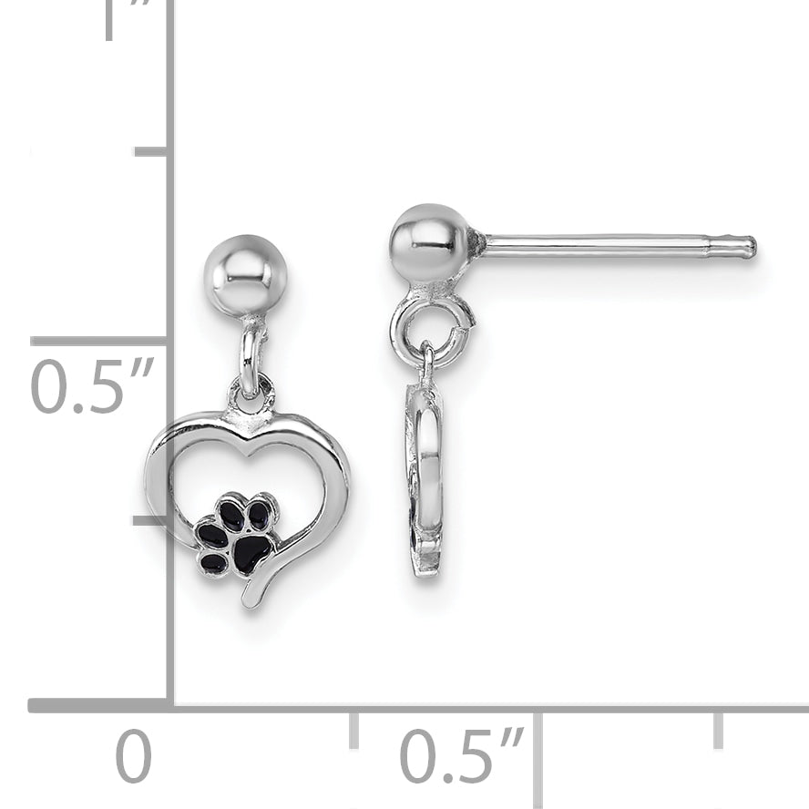 Sterling Silver Rhodium-plated Heart with Black Enameled Paw Print Post Dangle Earrings