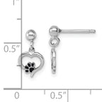 Sterling Silver Rhodium-plated Heart with Black Enameled Paw Print Post Dangle Earrings