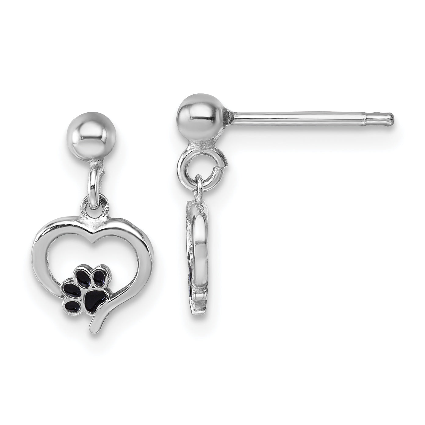 Sterling Silver Rhodium-plated Heart with Black Enameled Paw Print Post Dangle Earrings Main image