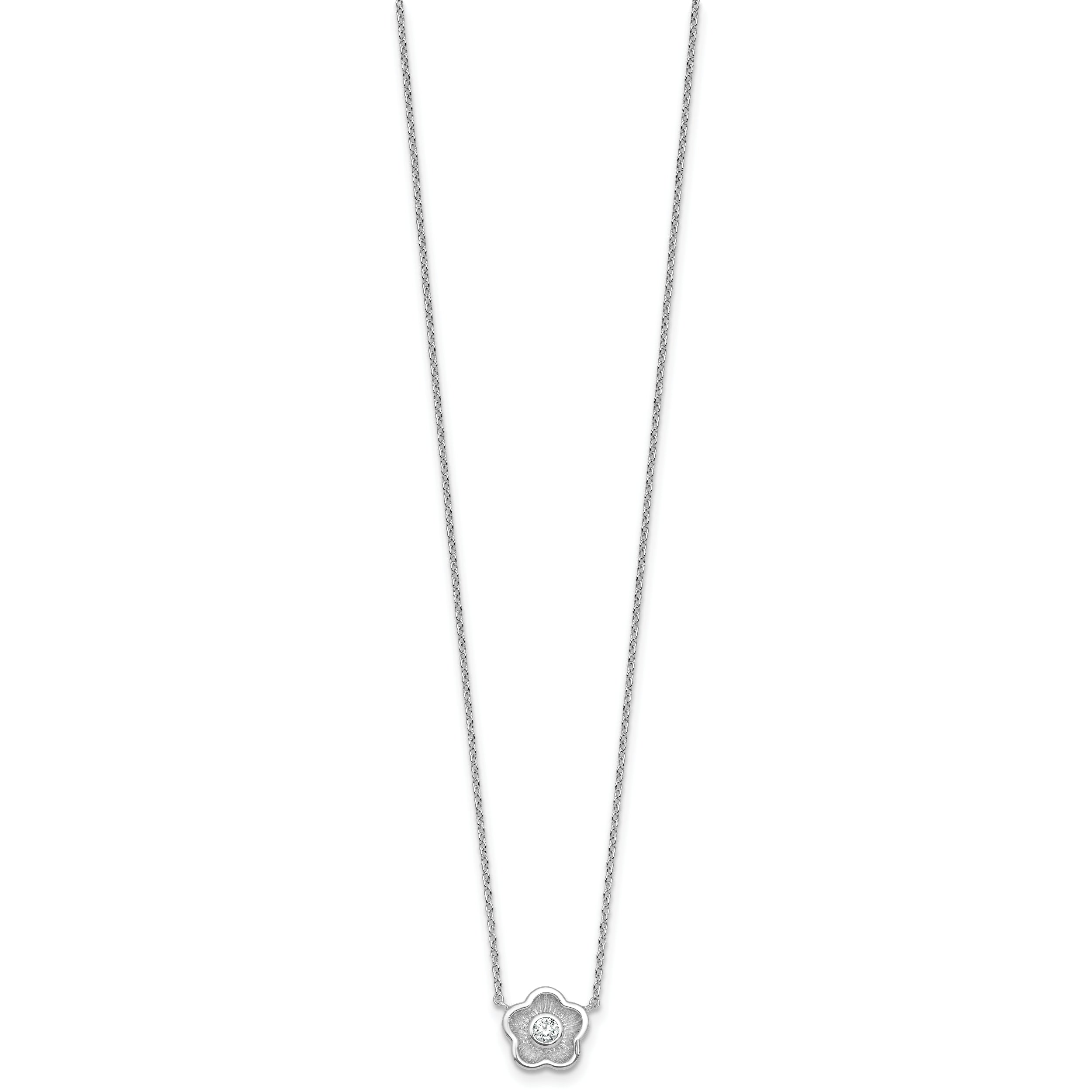 Sterling Silver Rhodium-plated Polished Textured CZ Flower 18 Inch Necklace