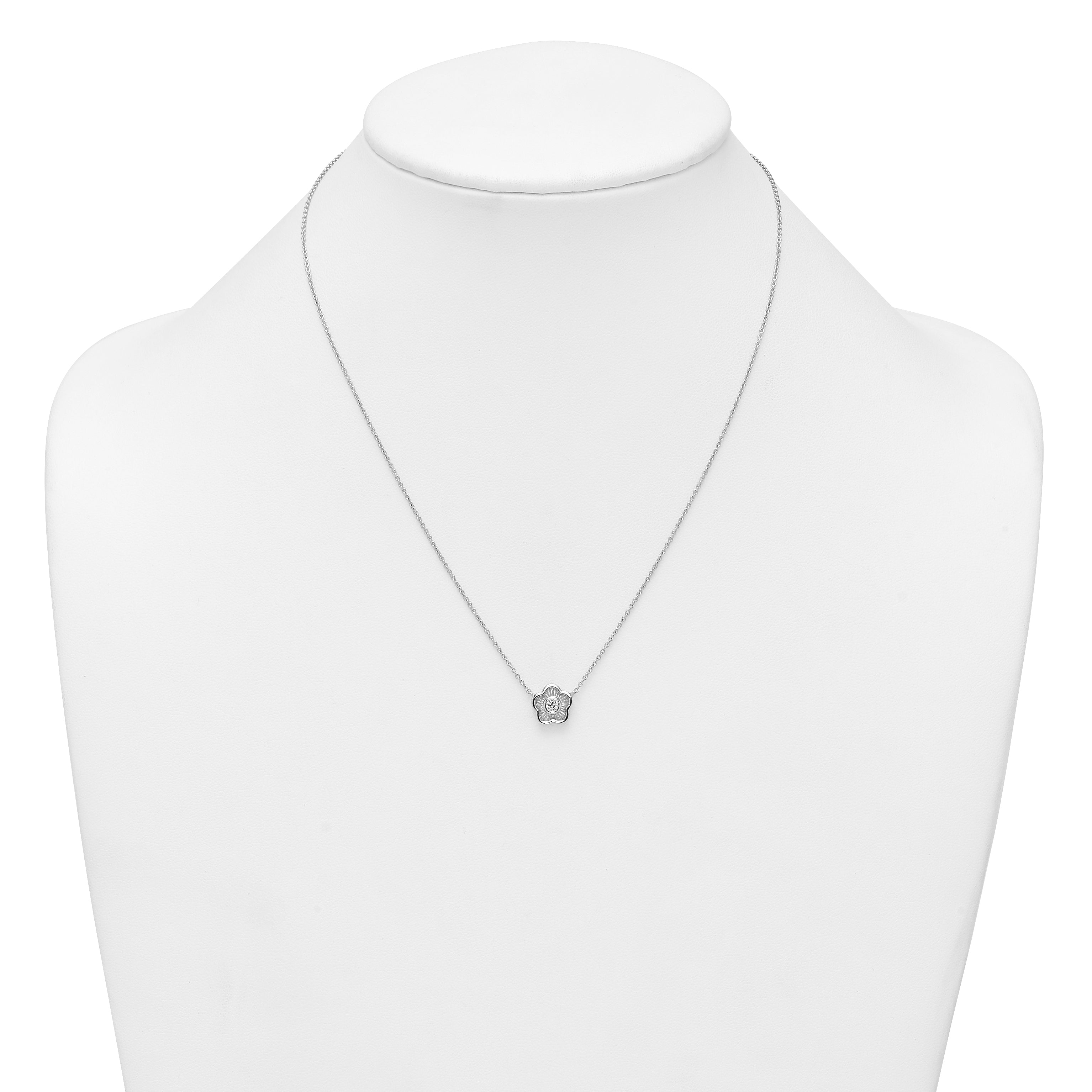 Sterling Silver Rhodium-plated Polished Textured CZ Flower 18 Inch Necklace