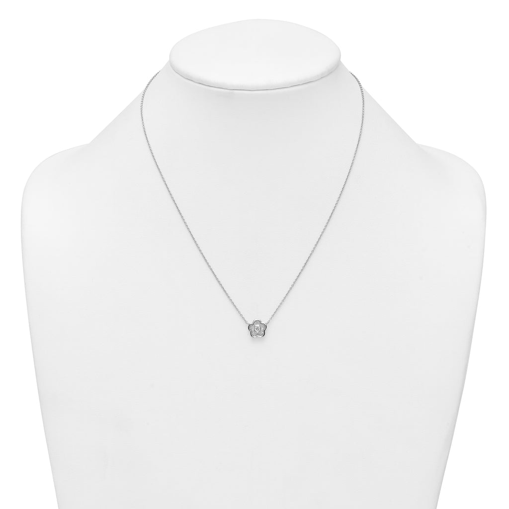 Sterling Silver Rhodium-plated Polished Textured CZ Flower 18 Inch Necklace