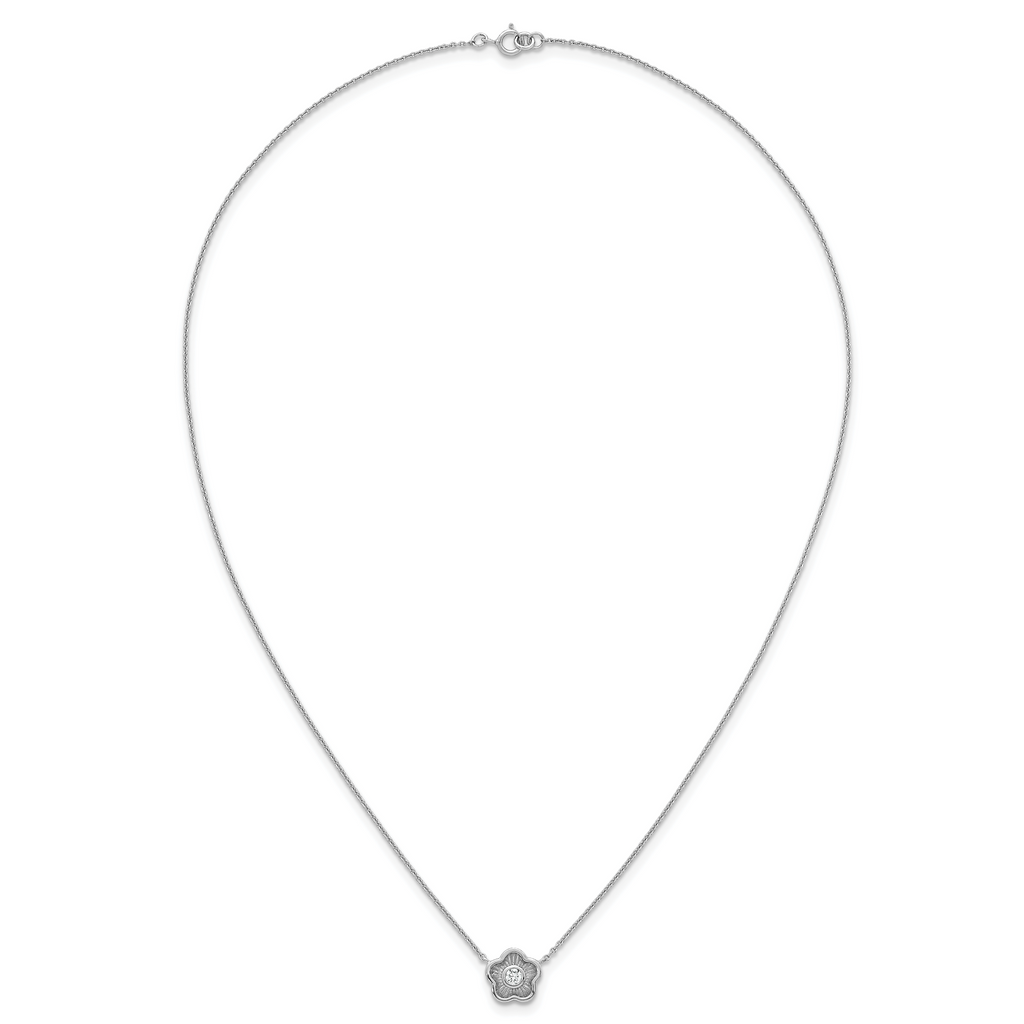 Sterling Silver Rhodium-plated Polished Textured CZ Flower 18 Inch Necklace