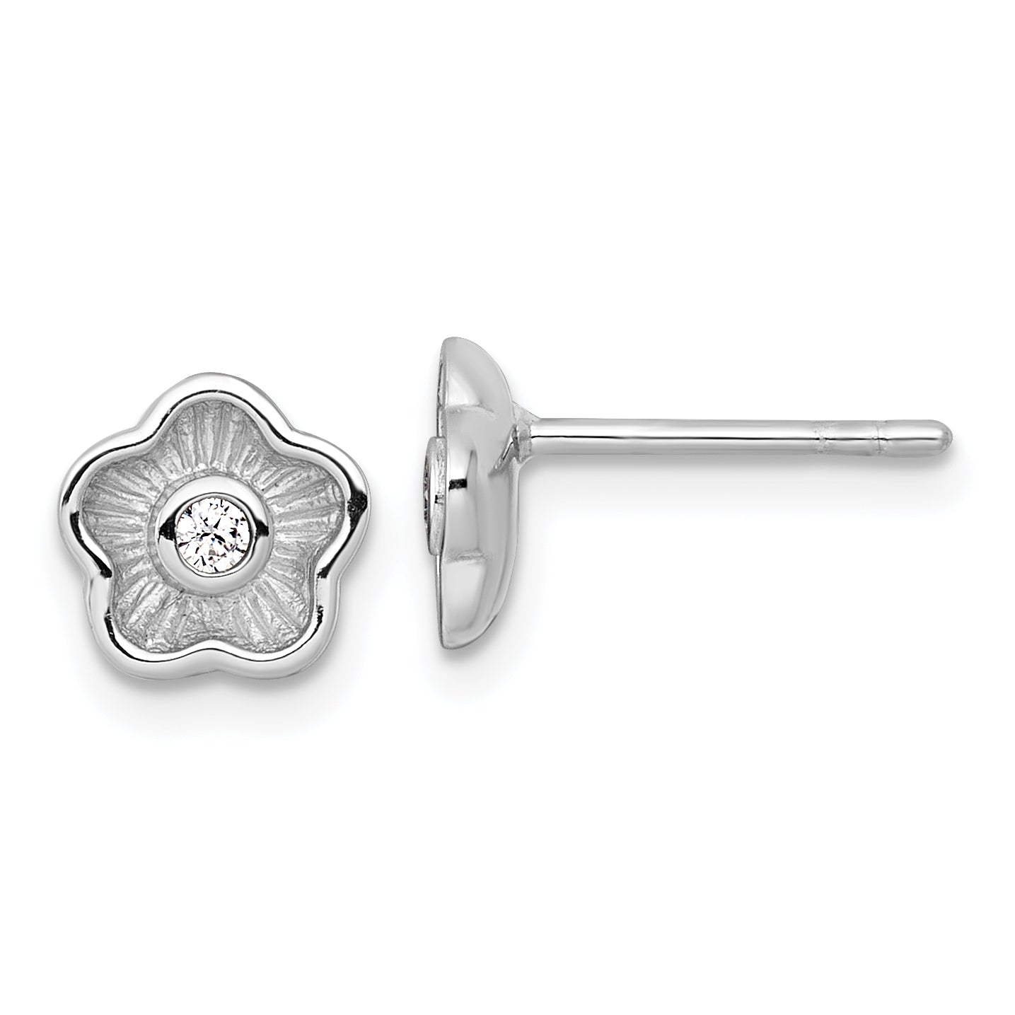 Sterling Silver Rhodium-plated Polished Textured CZ Flower Post Earrings