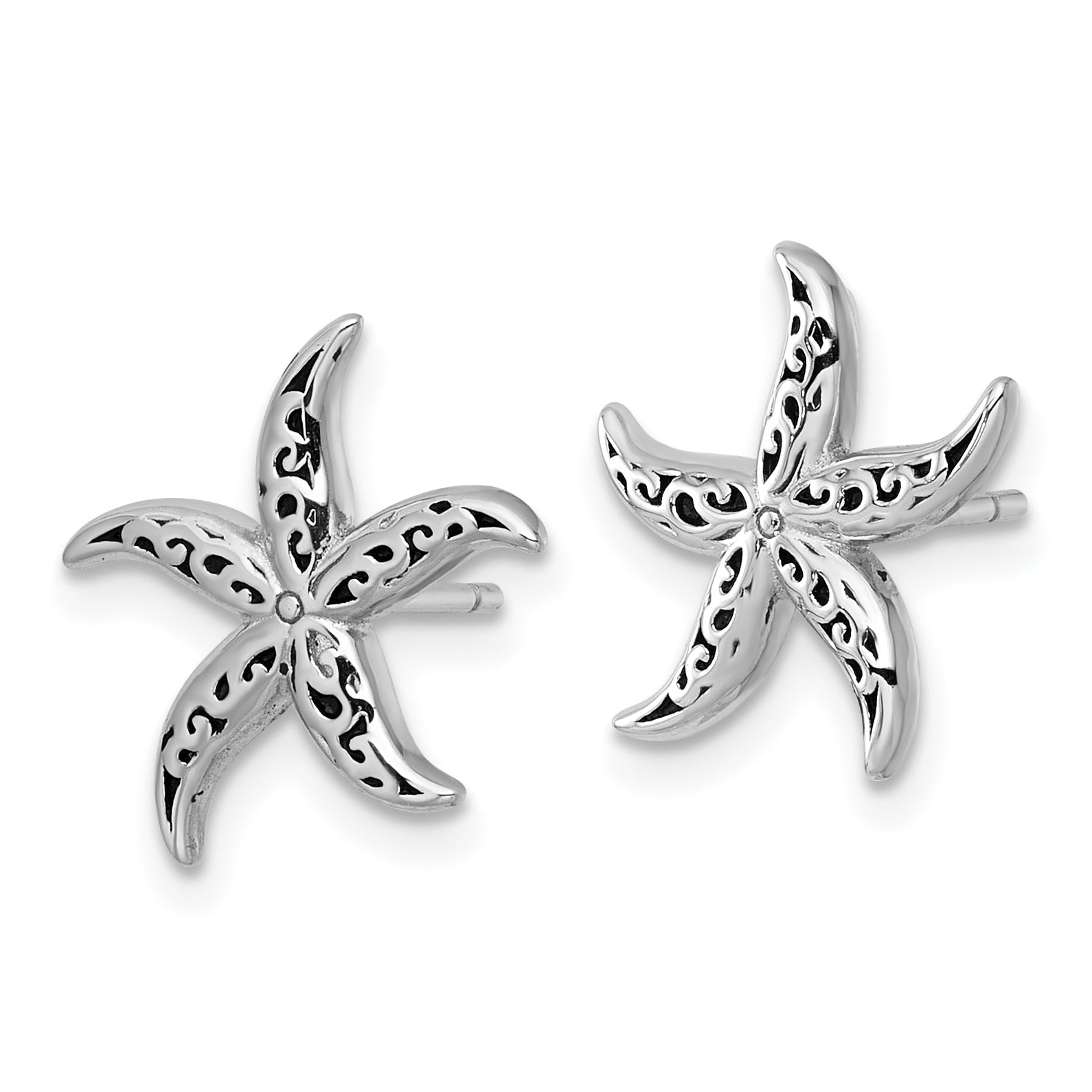Sterling Silver Rhodium-plated Polished and Oxidized Filigree Starfish Post Earrings Secondary image