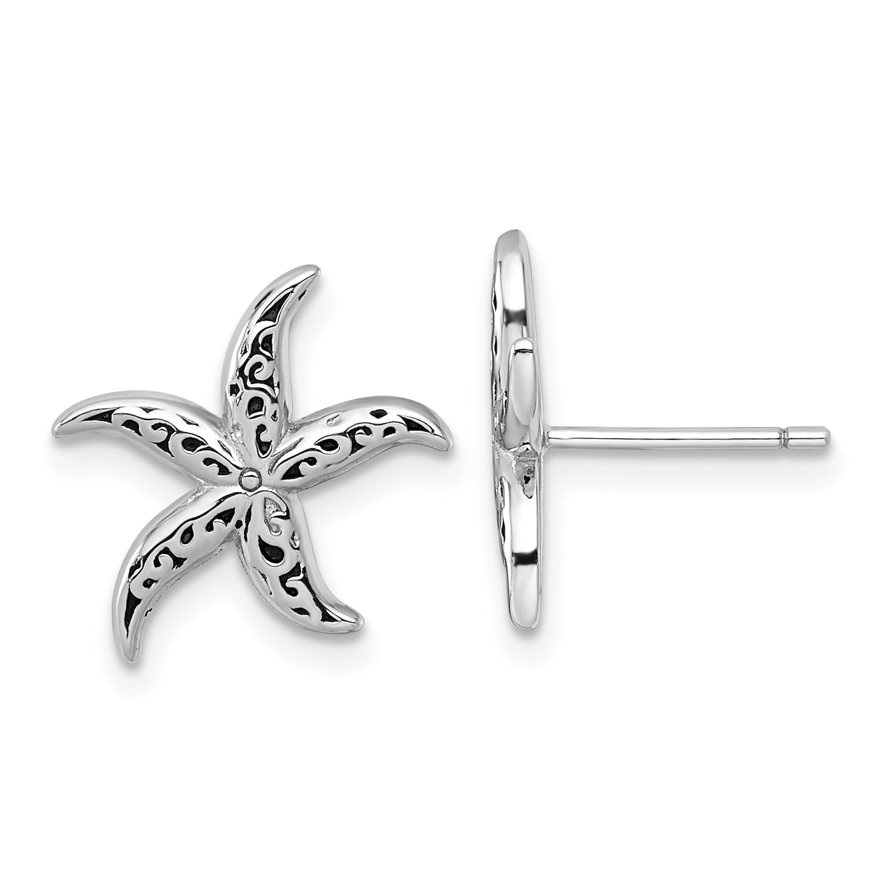 Sterling Silver Rhodium-plated Polished and Oxidized Filigree Starfish Post Earrings Main image