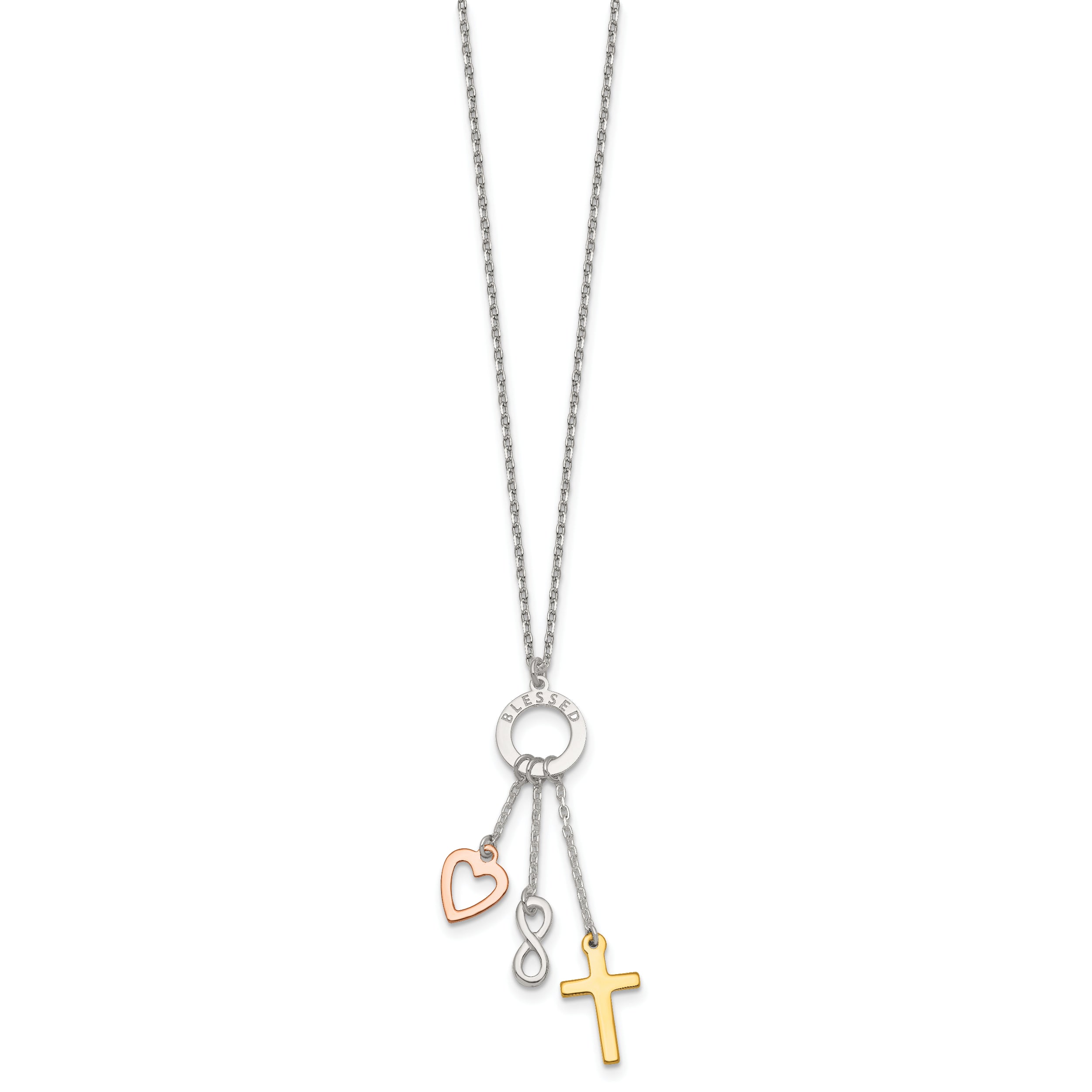 Sterling Silver Infinity and Gold-tone Cross and Rose-tone Heart BLESSED Circle 16 inch Necklace