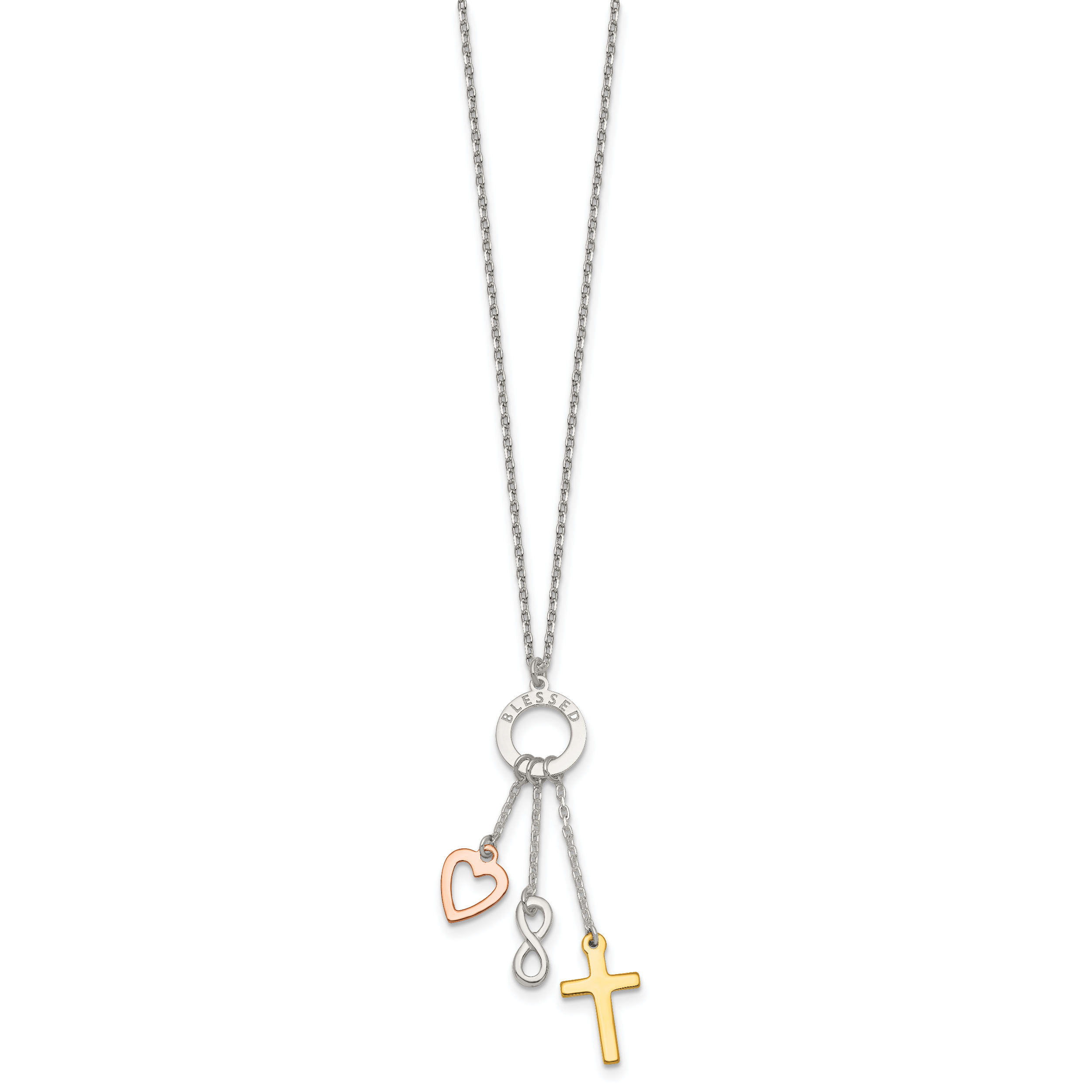 Sterling Silver Infinity and Gold-tone Cross and Rose-tone Heart BLESSED Circle 16 inch Necklace Secondary image