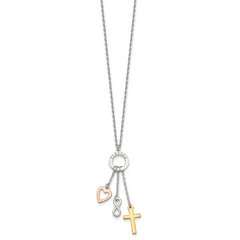Sterling Silver Infinity and Gold-tone Cross and Rose-tone Heart BLESSED Circle 16 inch Necklace