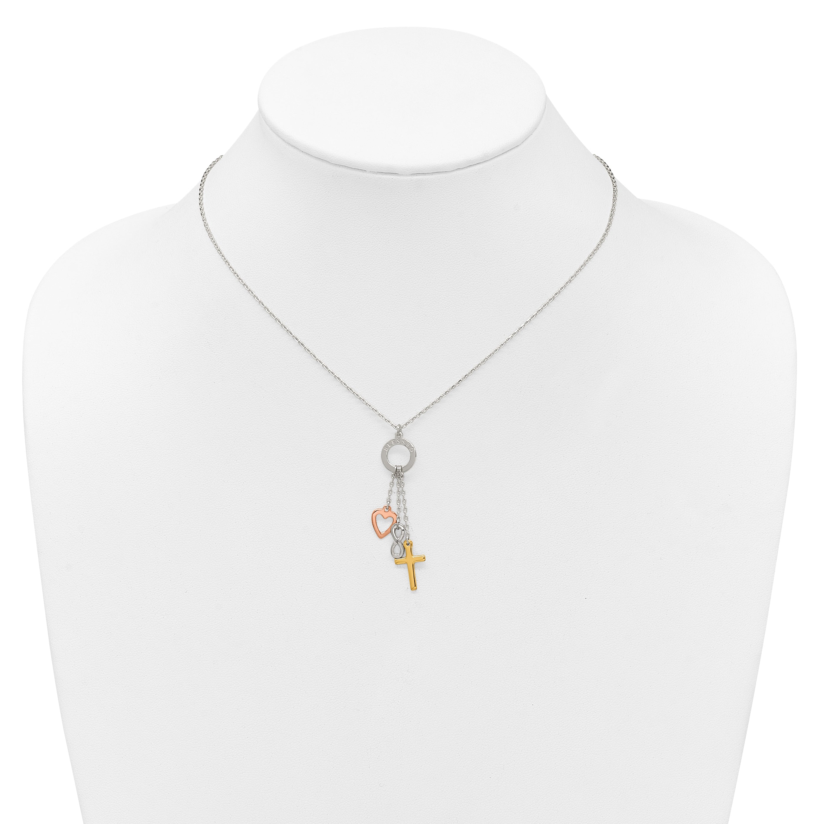 Sterling Silver Infinity and Gold-tone Cross and Rose-tone Heart BLESSED Circle 16 inch Necklace