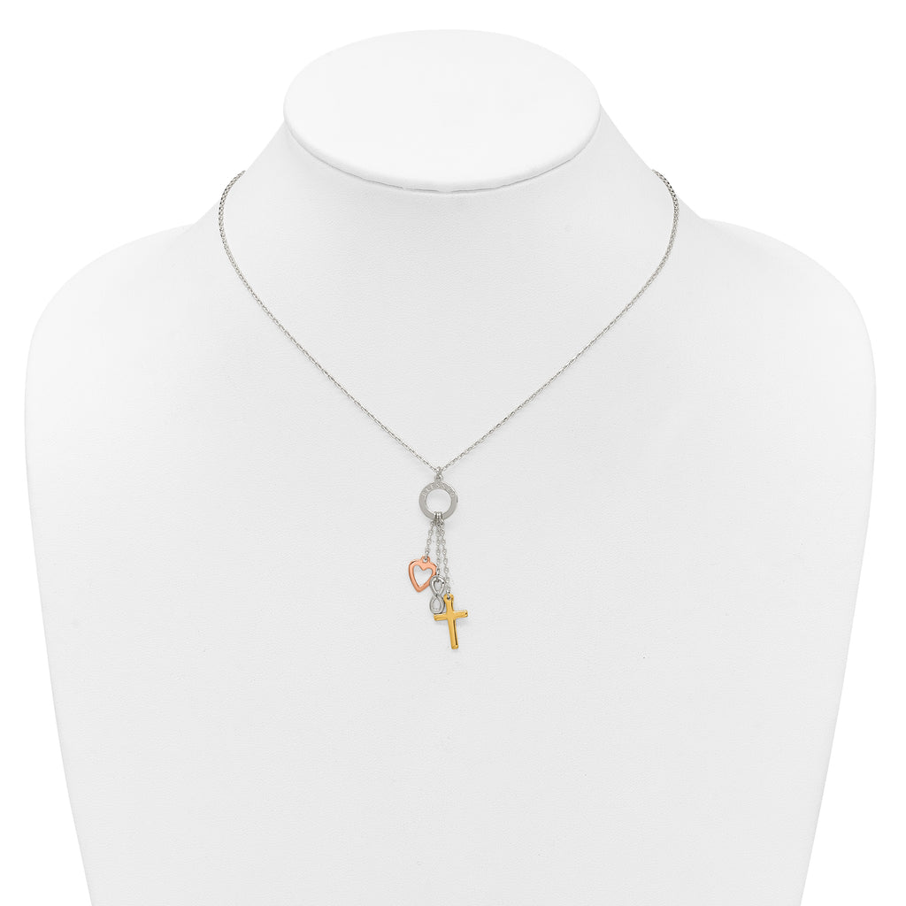 Sterling Silver Infinity and Gold-tone Cross and Rose-tone Heart BLESSED Circle 16 inch Necklace