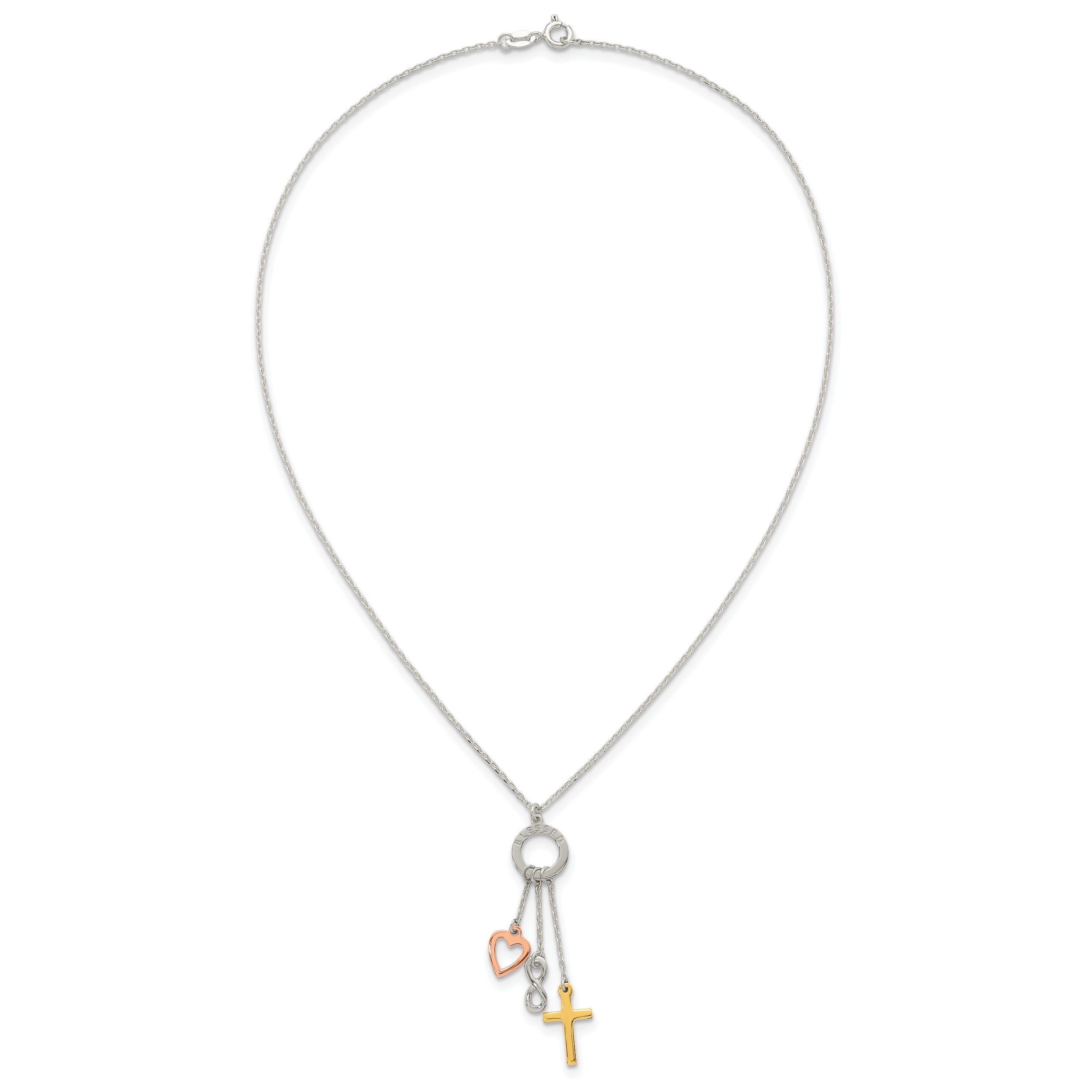 Sterling Silver Infinity and Gold-tone Cross and Rose-tone Heart BLESSED Circle 16 inch Necklace