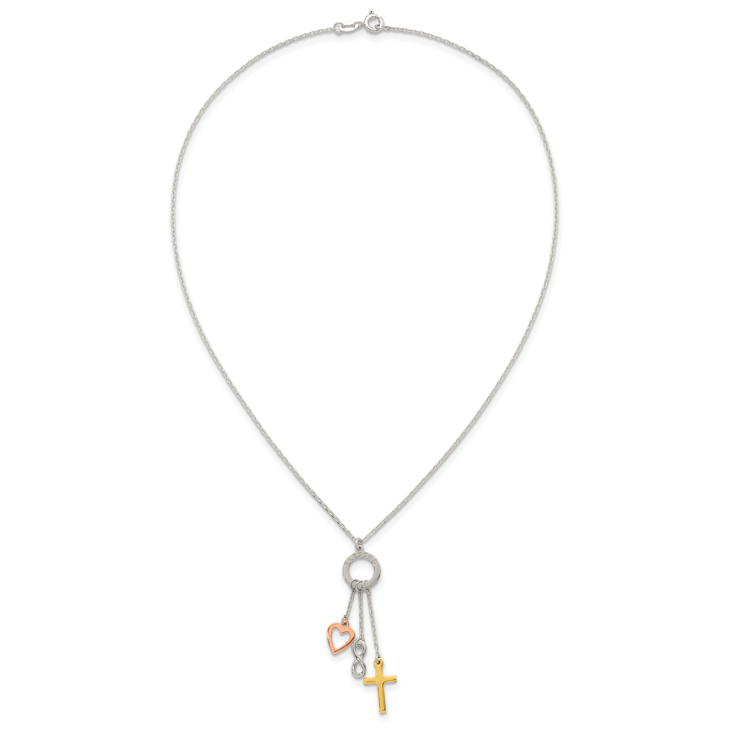 Sterling Silver Infinity and Gold-tone Cross and Rose-tone Heart BLESSED Circle 16 inch Necklace