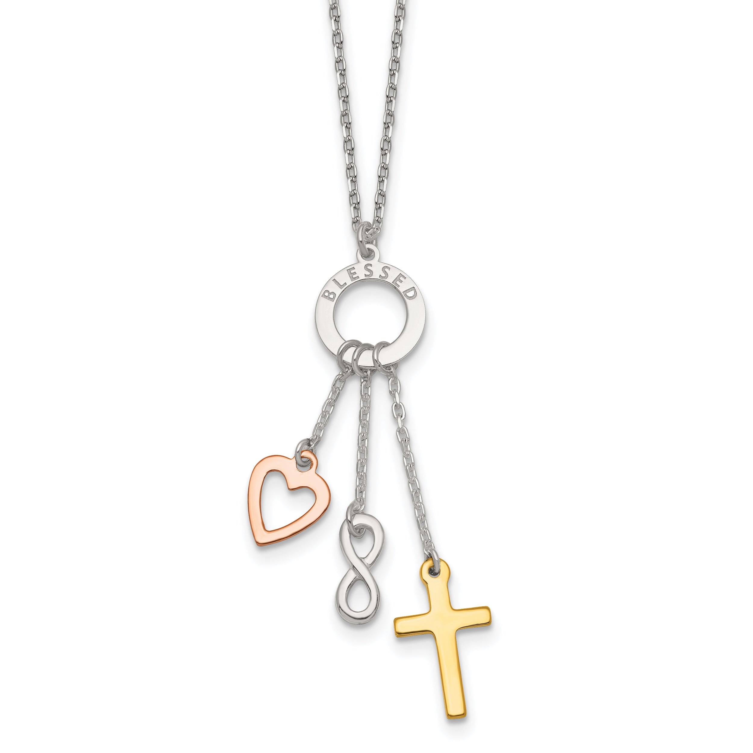 Sterling Silver Infinity and Gold-tone Cross and Rose-tone Heart BLESSED Circle 16 inch Necklace