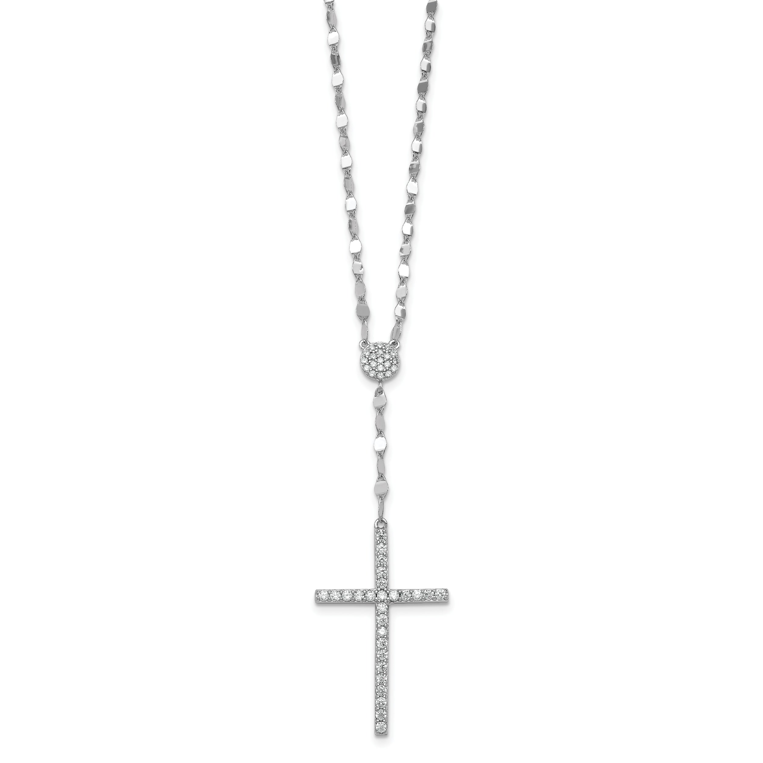 Sterling Silver Rhodium-plated Polished Fancy CZ Latin Cross 16 Inch with 2 Inch Extension Necklace