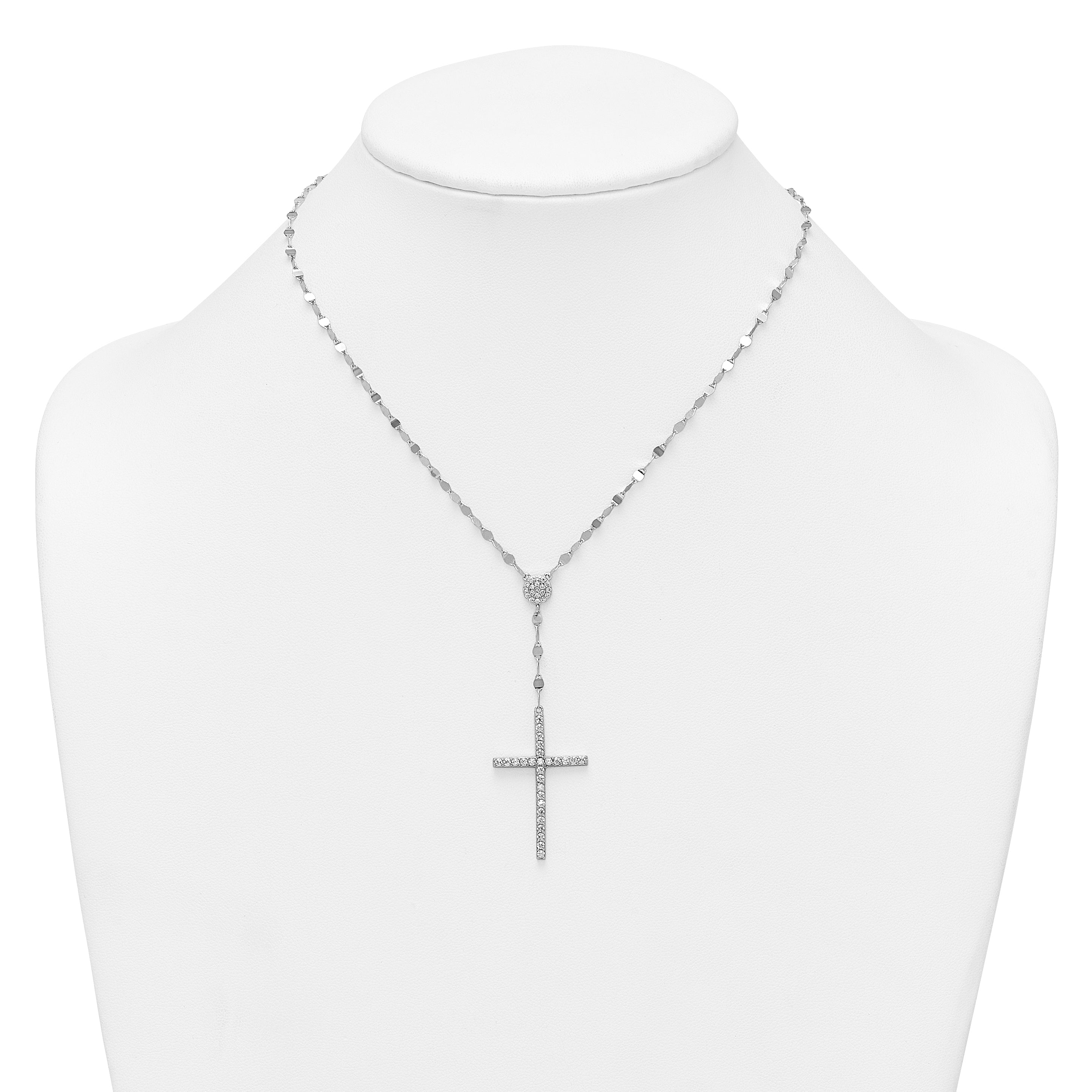 Sterling Silver Rhodium-plated Polished Fancy CZ Latin Cross 16 Inch with 2 Inch Extension Necklace
