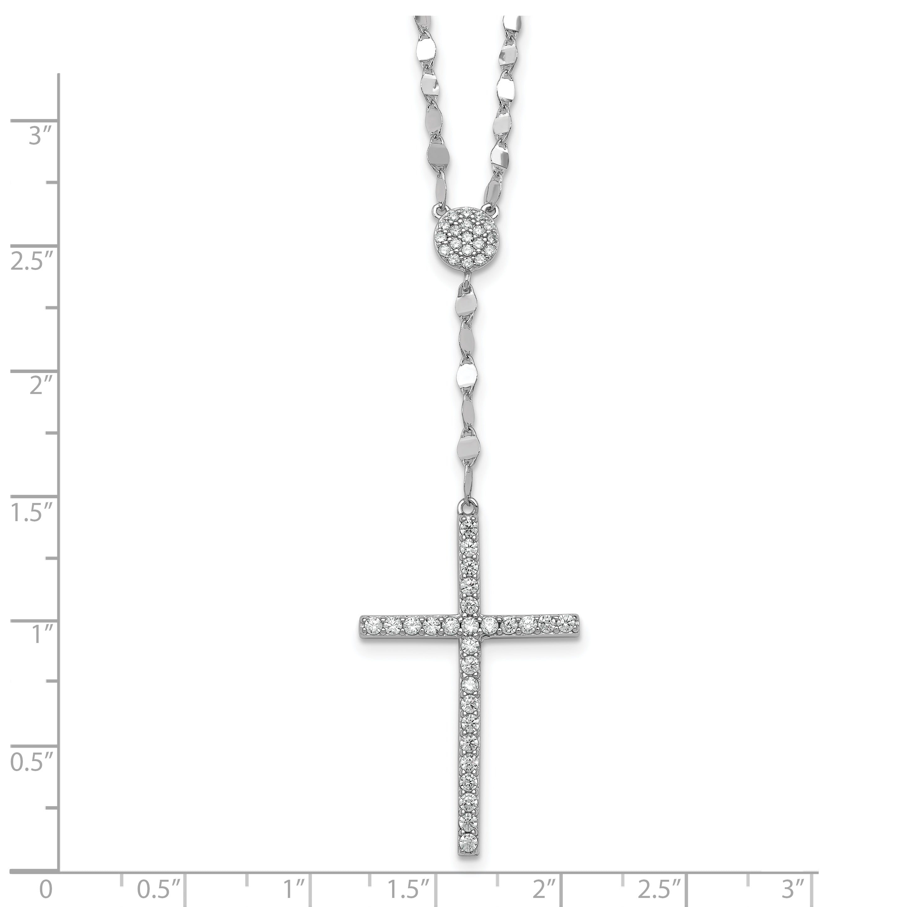 Sterling Silver Rhodium-plated Polished Fancy CZ Latin Cross 16 Inch with 2 Inch Extension Necklace