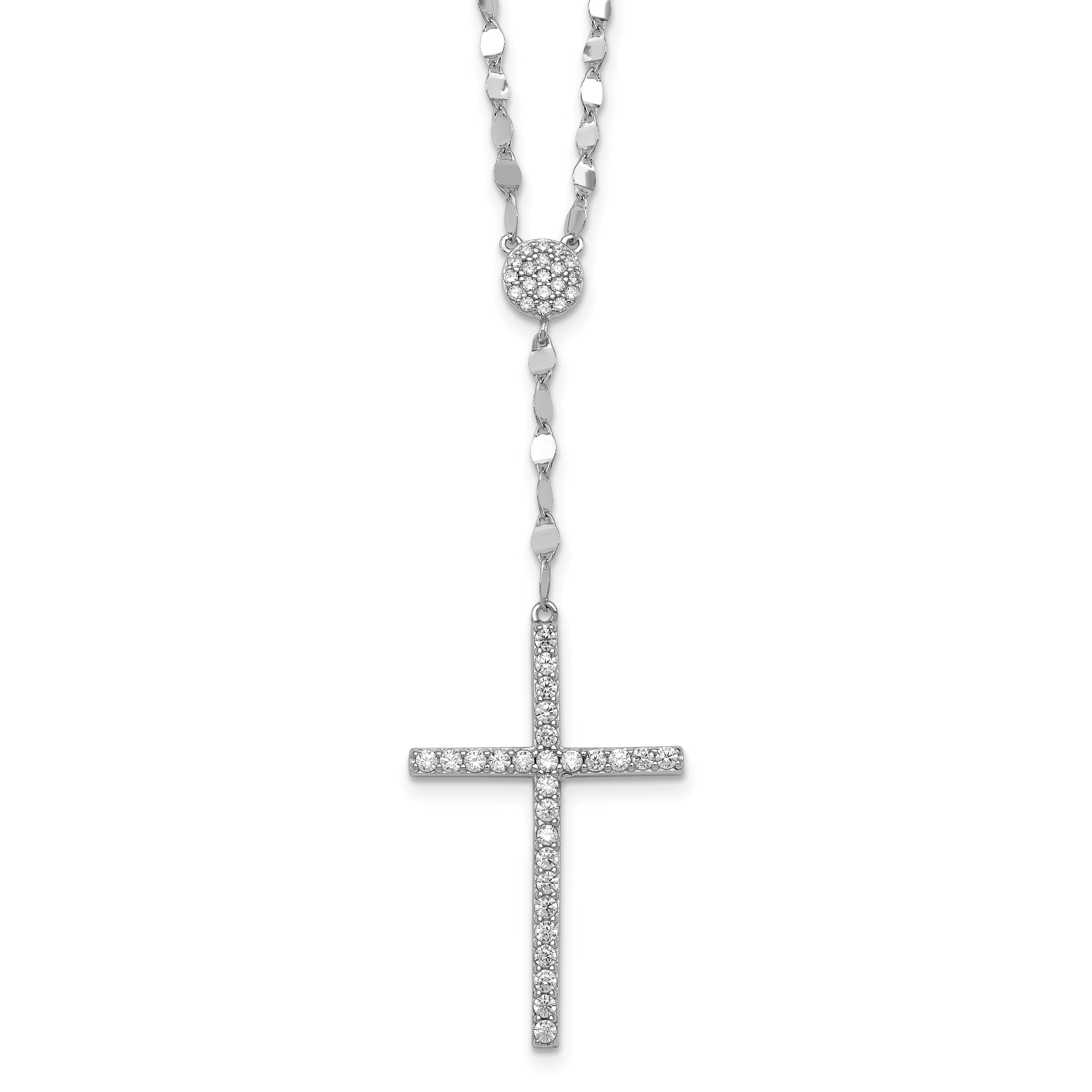 Sterling Silver Rhodium-plated Polished Fancy CZ Latin Cross 16 Inch with 2 Inch Extension Necklace