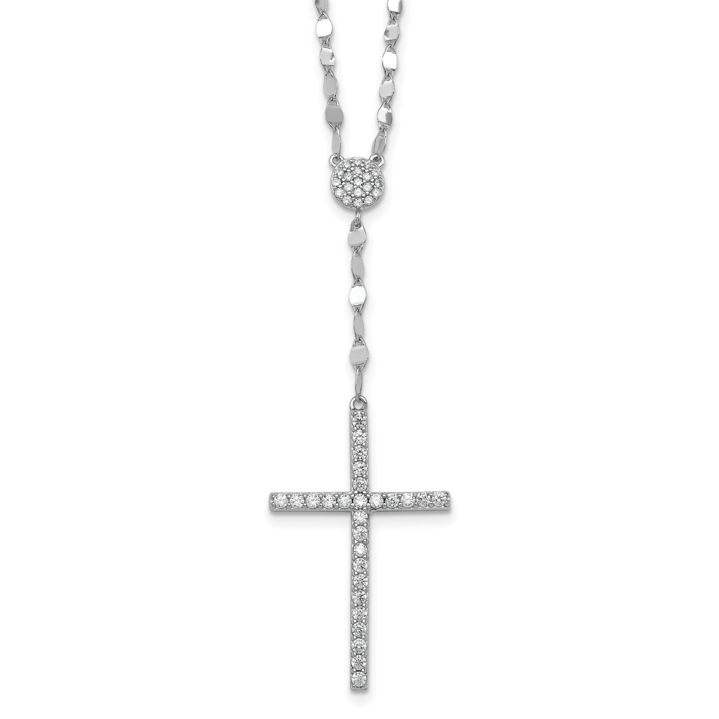 Sterling Silver Rhodium-plated Polished Fancy CZ Latin Cross 16 Inch with 2 Inch Extension Necklace Main image