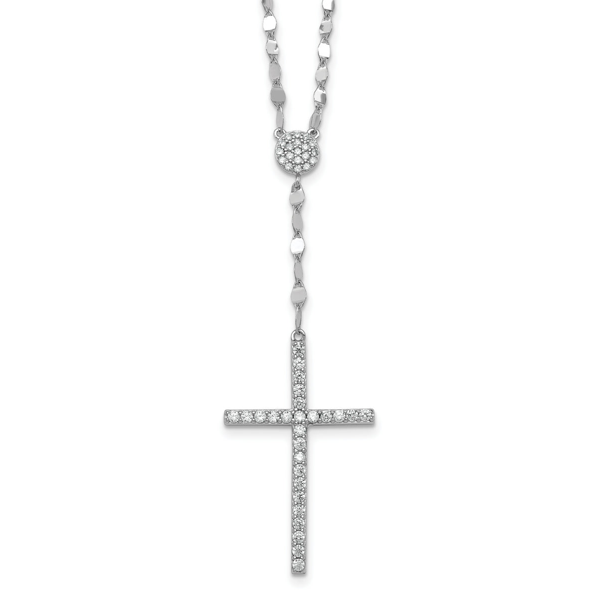 Sterling Silver Rhodium-plated Polished Fancy CZ Latin Cross 16 Inch with 2 Inch Extension Necklace