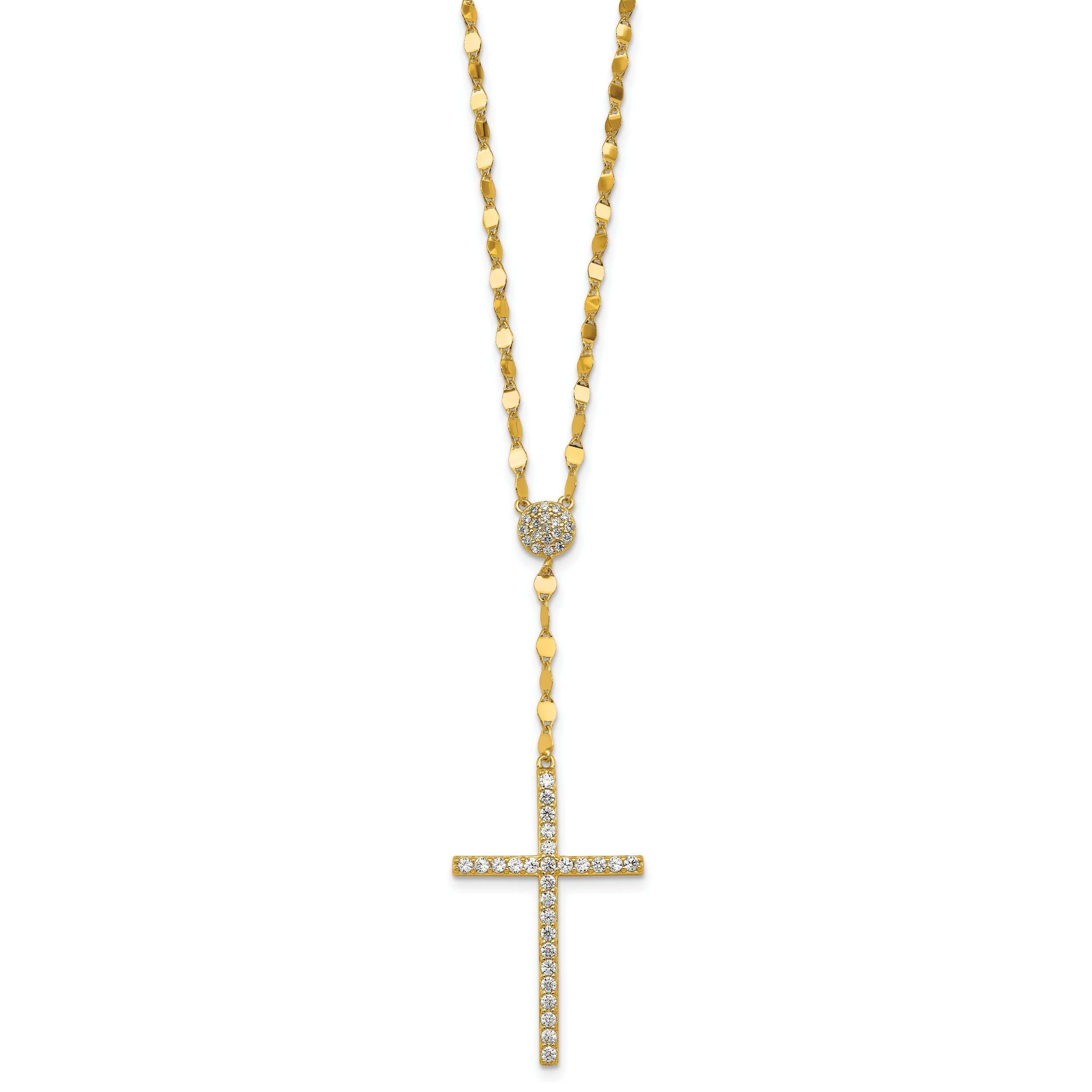 Sterling Silver Gold-tone Polished Fancy CZ Latin Cross 16 Inch with 2 Inch Extension Necklace