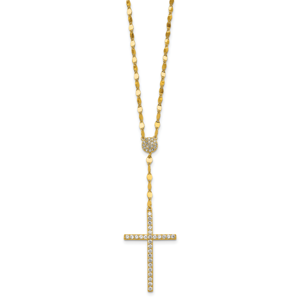 Sterling Silver Gold-tone Polished Fancy CZ Latin Cross 16 Inch with 2 Inch Extension Necklace